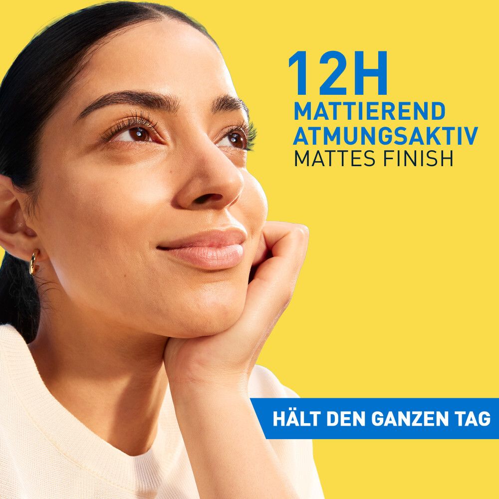 Frau mit gelbem Hintergrund. Text: 12H mattierend, atmungsaktiv, mattes Finish. Hält den ganzen Tag.