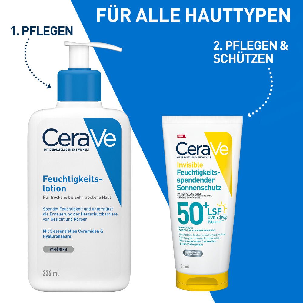 CeraVe Feuchtigkeitslotion und Invisible Sonnenschutz LSF 50+ Tube. Text: Für alle Hauttypen.