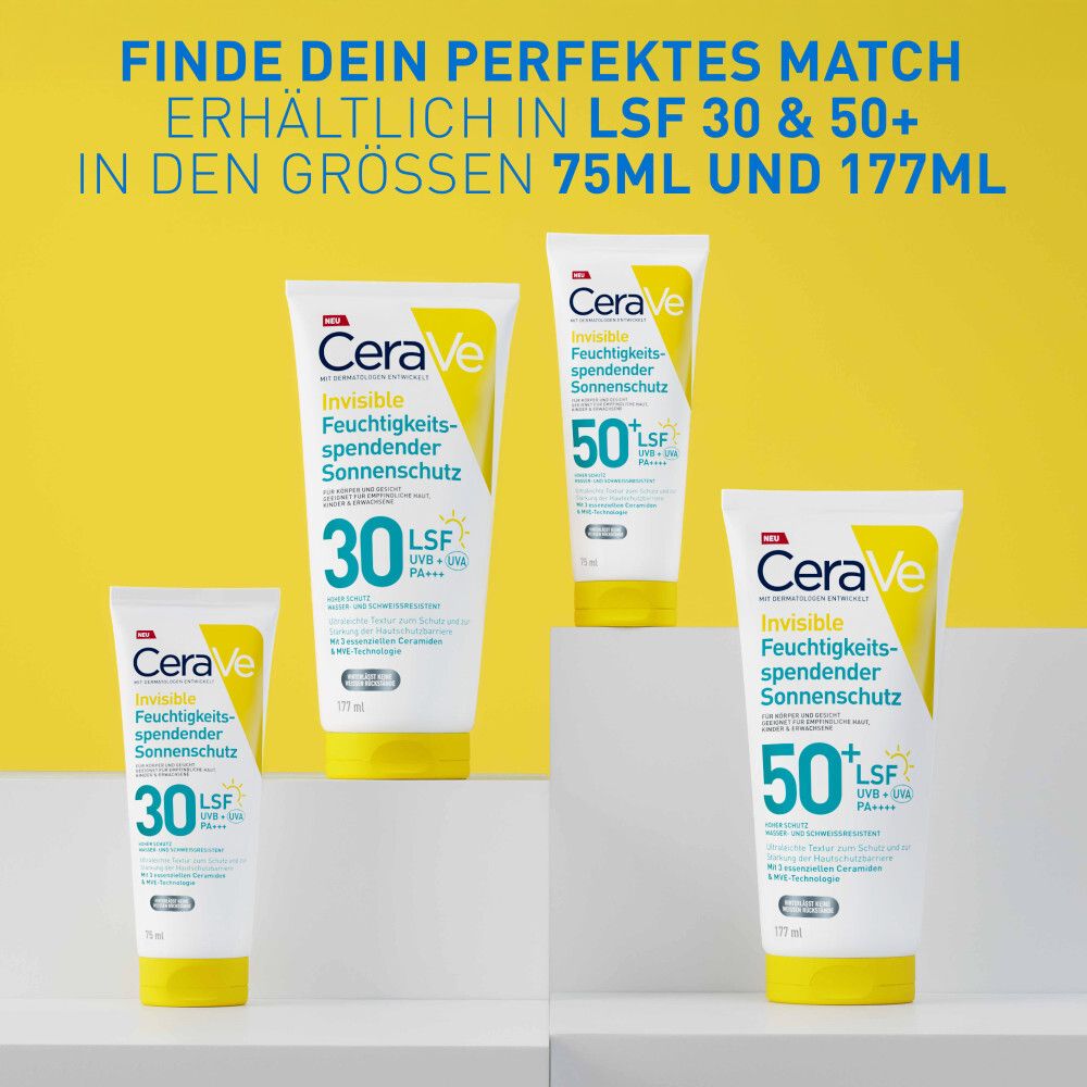 CeraVe Invisible Sonnenschutz LSF 30 und 50+ Tuben. Text: Finde dein perfektes Match.