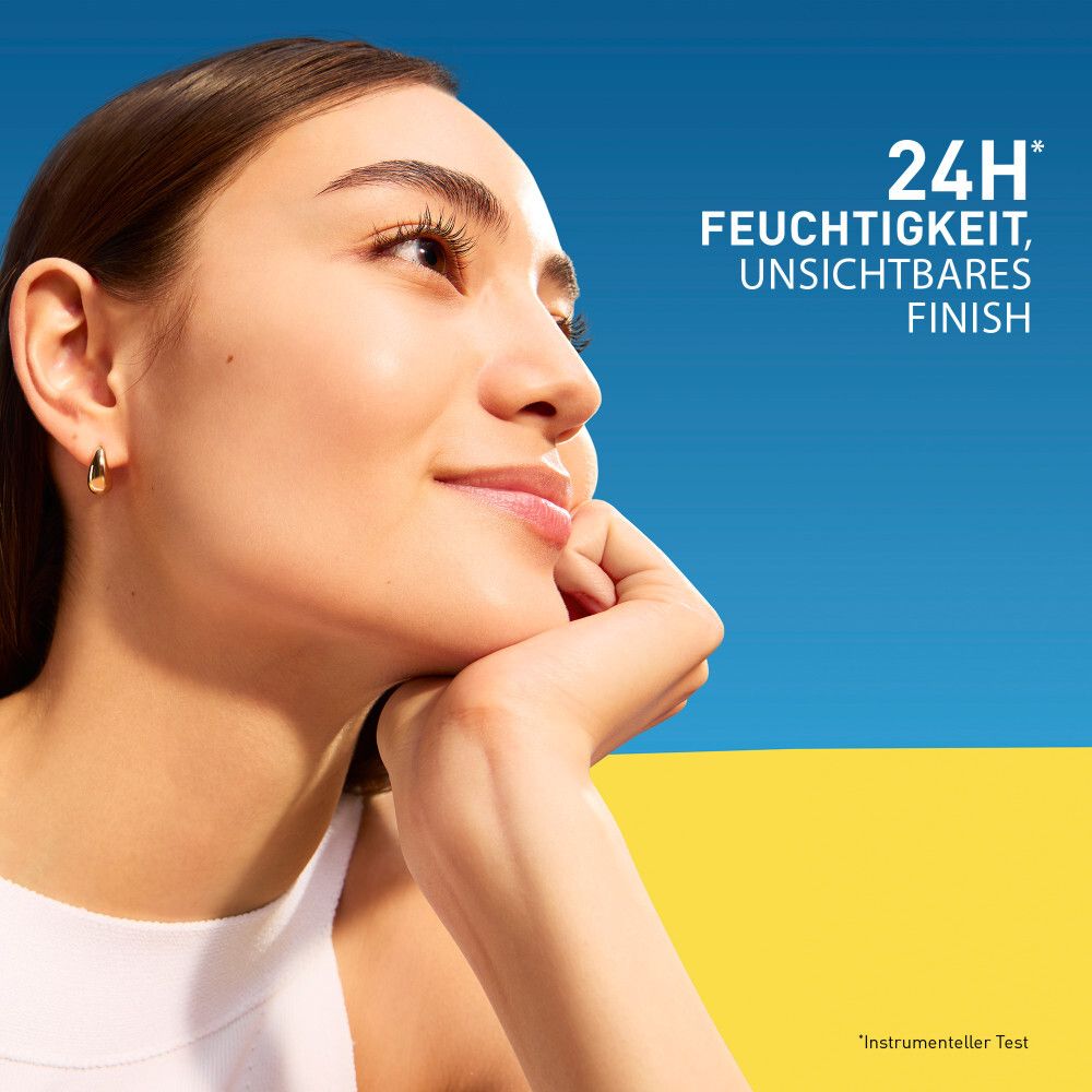 Frau mit Produkt. Text: 24H Feuchtigkeit, unsichtbares Finish. Gelber und blauer Hintergrund.