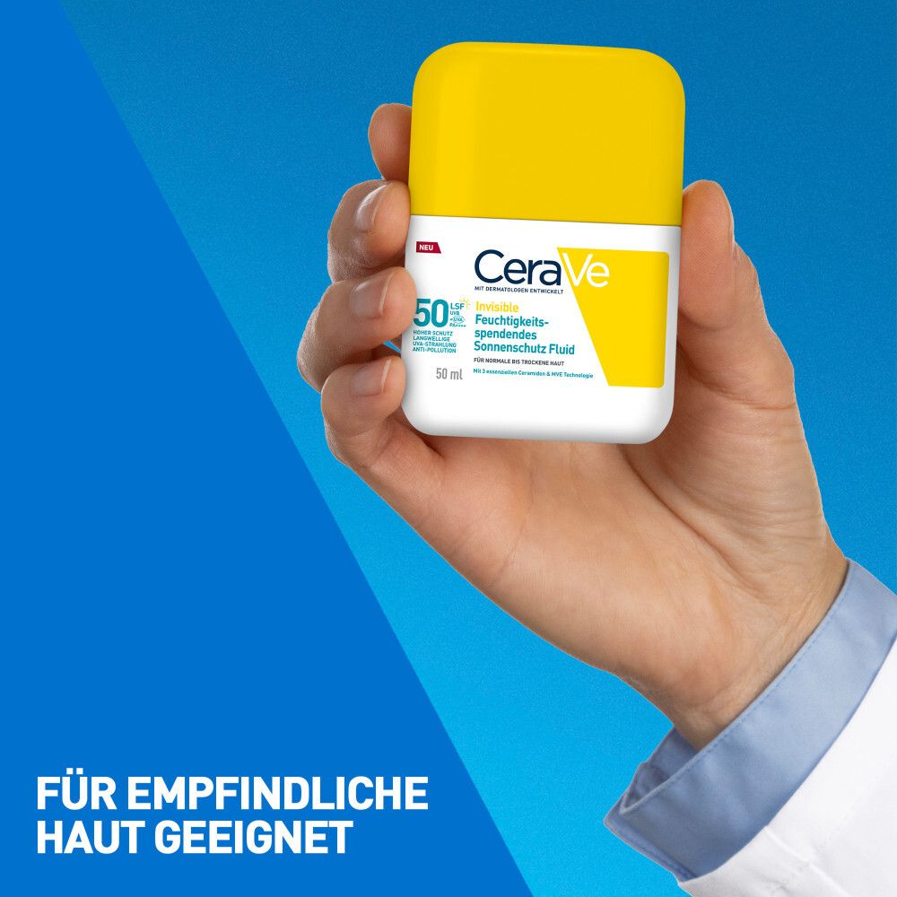 CeraVe Invisible Sonnenschutz Fluid LSF 50. Weiße Flasche mit gelbem Deckel. Für empfindliche Haut geeignet.