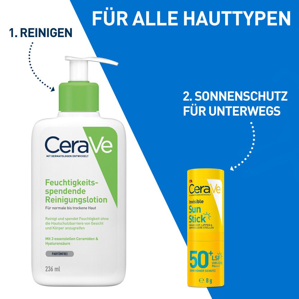 CeraVe Feuchtigkeitsspendende Reinigungslotion und Invisible Sun Stick. Text: 2. Sonnenschutz für unterwegs.