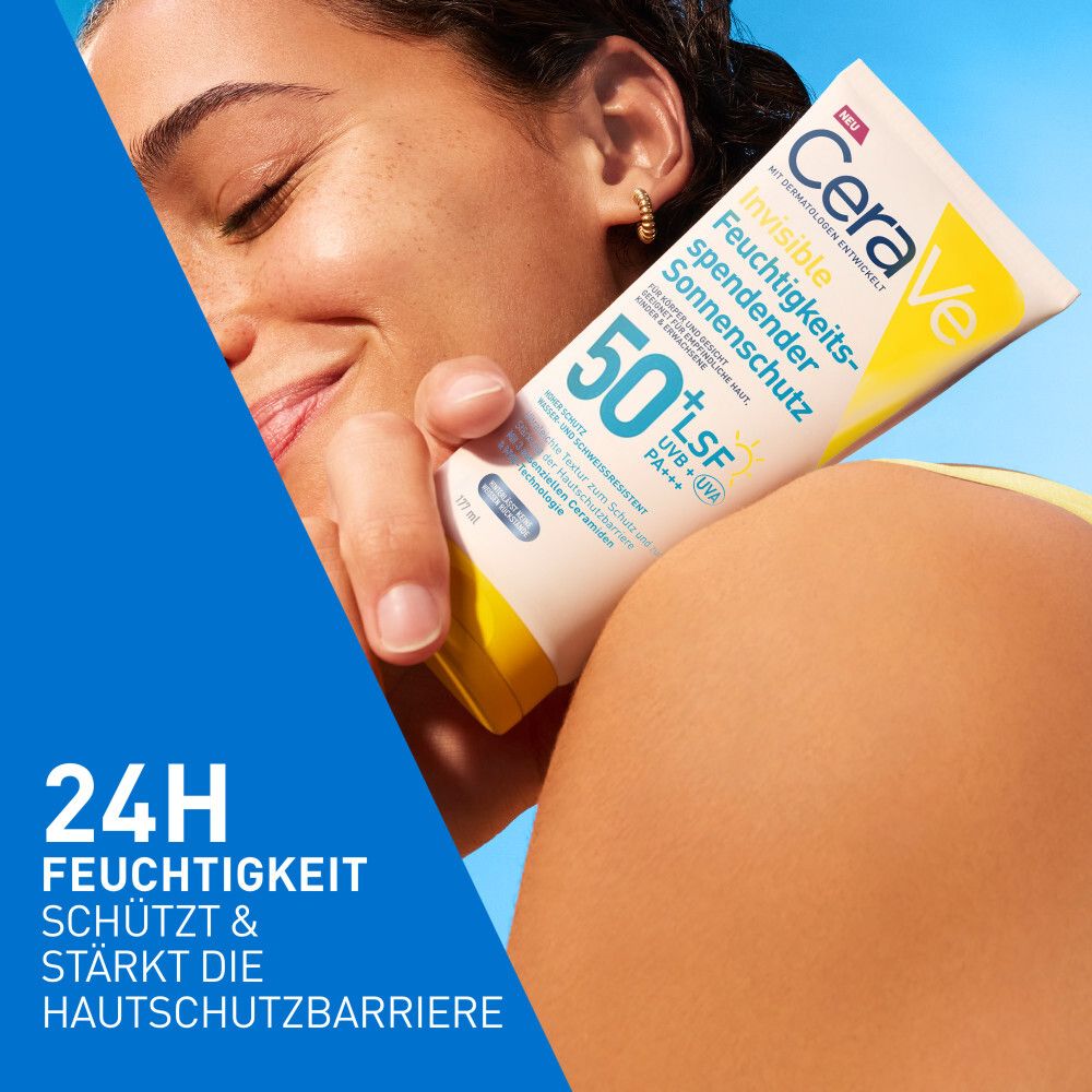 Frau mit CeraVe Invisible Sonnenschutz LSF 50+ Tube. Text: 24H Feuchtigkeit. Schützt & stärkt die Hautschutzbarriere.