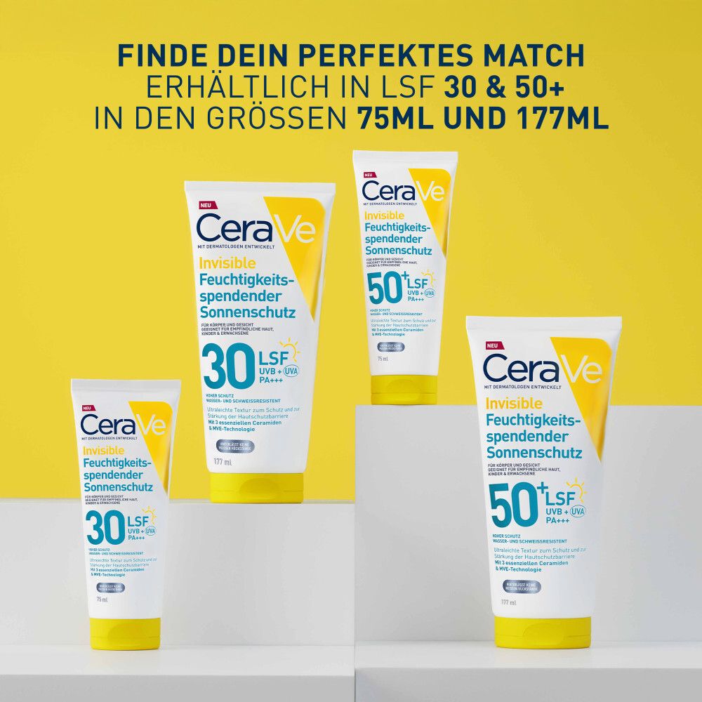 CeraVe Feuchtigkeitspflege Lotion und Invisible Sonnenschutz LSF 50+ Tube. Auf blauem Hintergrund.