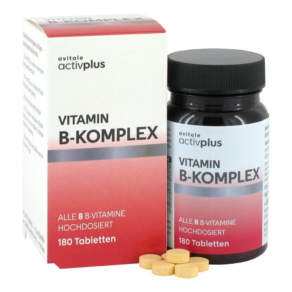 Vitamin B-Komplex Tabletten, Dose und Schachtel. Enthält 180 Tabletten. Marke: avitale activplus.