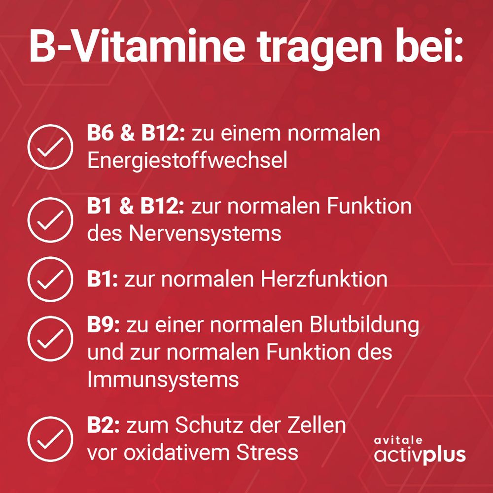Text: B-Vitamine tragen bei: Auflistung der Vorteile. Hintergrund: roter Farbverlauf mit sechseckigem Muster.