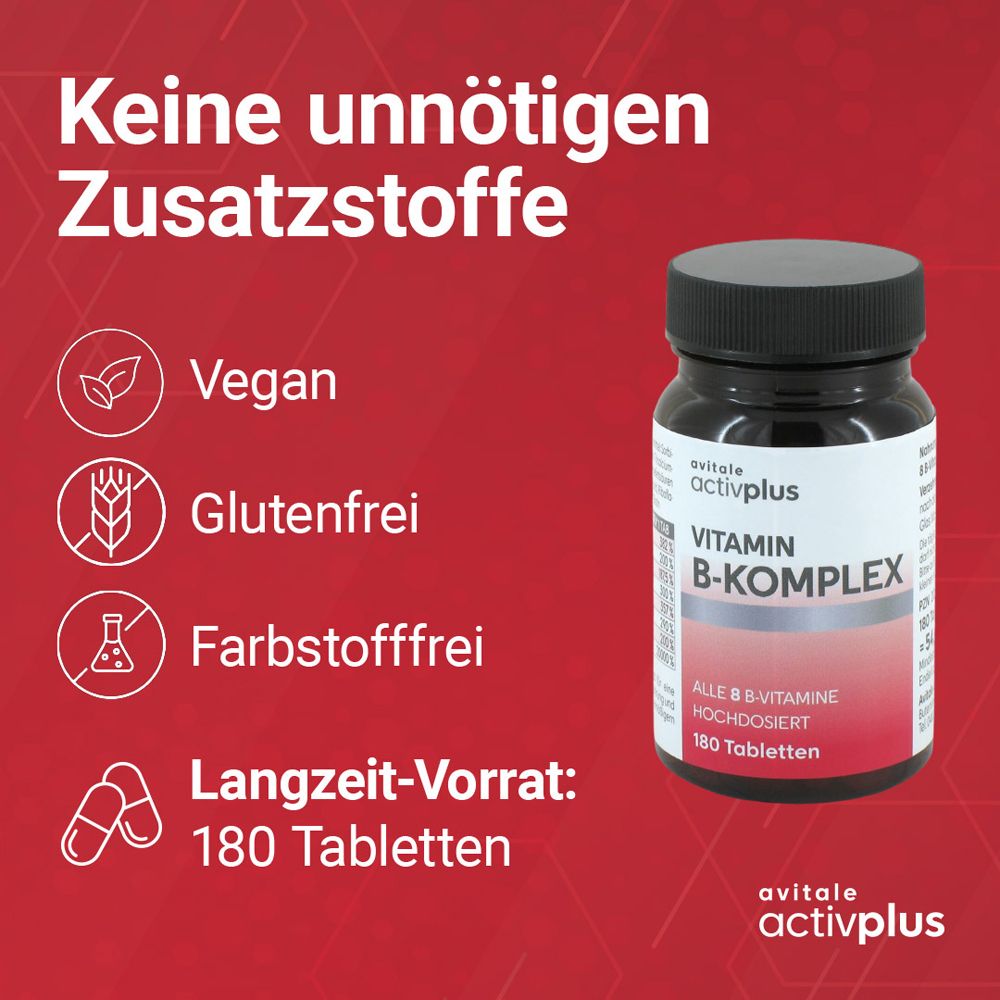 Vitamin B-Komplex Tabletten, Dose. Text: Keine unnötigen Zusatzstoffe. Vegan, glutenfrei, farbstofffrei. 180 Tabletten.