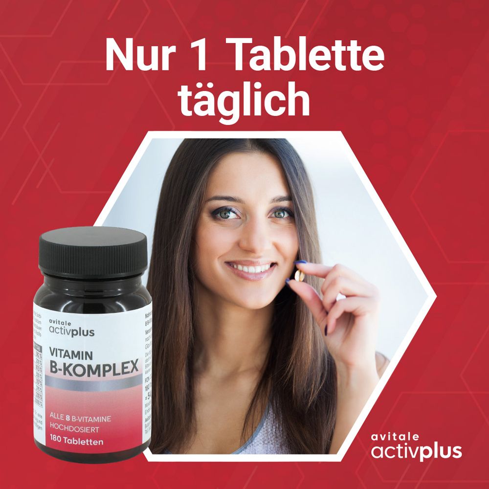 Frau hält Tablette. Vitamin B-Komplex Tabletten, Dose. Text: Nur 1 Tablette täglich. Hintergrund: roter Farbverlauf.