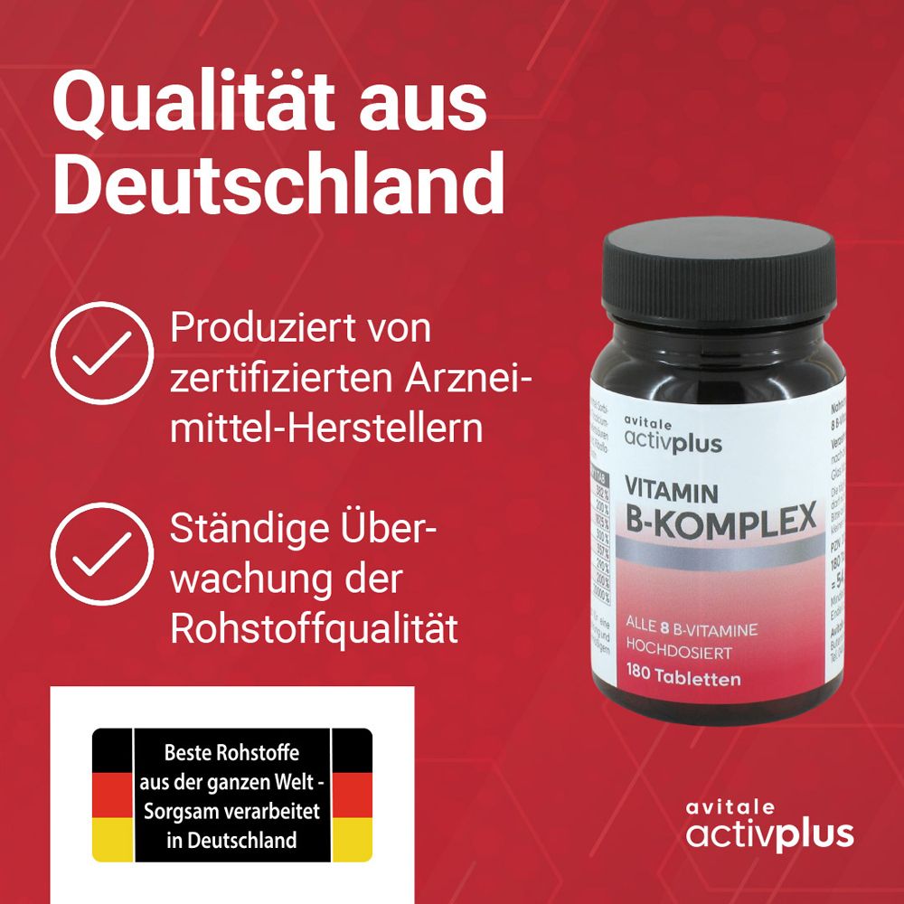 Vitamin B-Komplex Tabletten, Dose. Text: Qualität aus Deutschland. Zertifiziert, Rohstoffqualität. Logo: Deutschland.