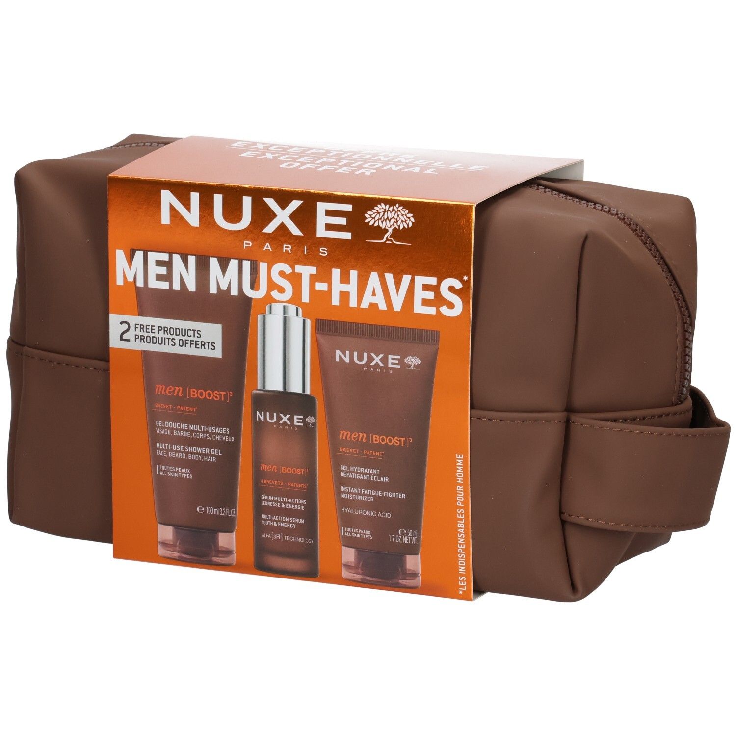 Nuxe Men Must-Haves Set mit Kosmetiktasche und drei Pflegeprodukten.