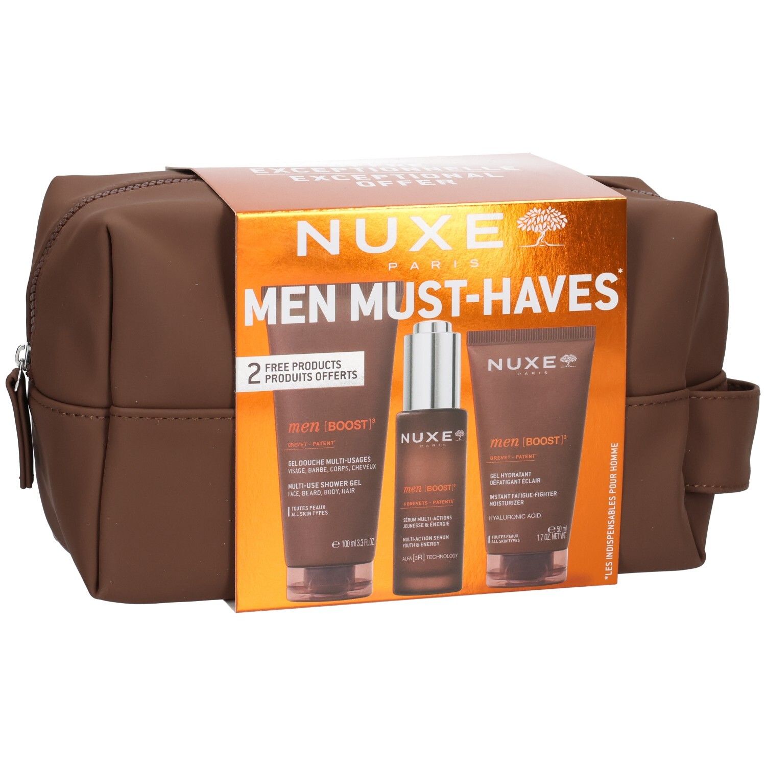 Nuxe Men Must-Haves Set, Frontansicht mit Kosmetiktasche und Produkten.