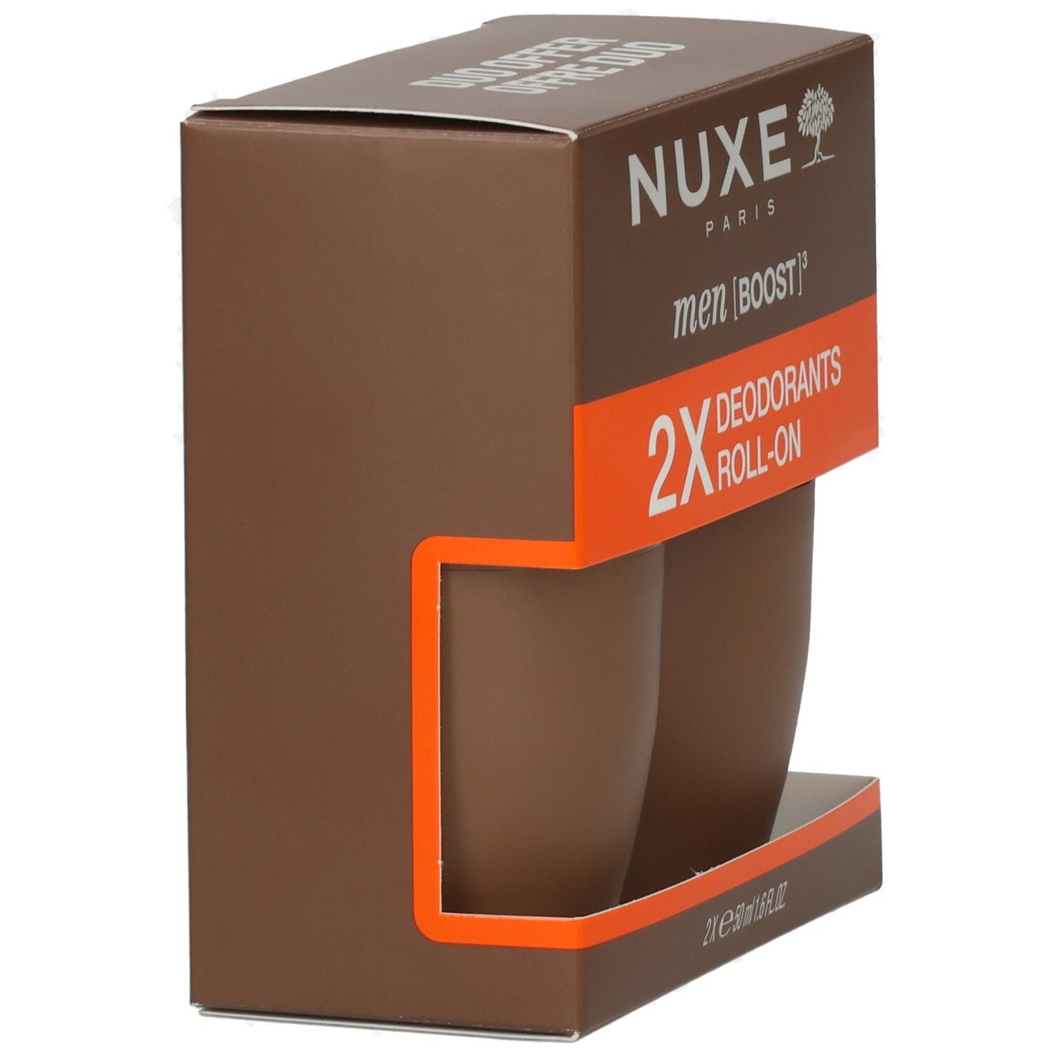 Braune Verpackung mit zwei Roll-On-Deodorants. Seitenansicht. Orangefarbener Streifen. NUXE-Logo.
