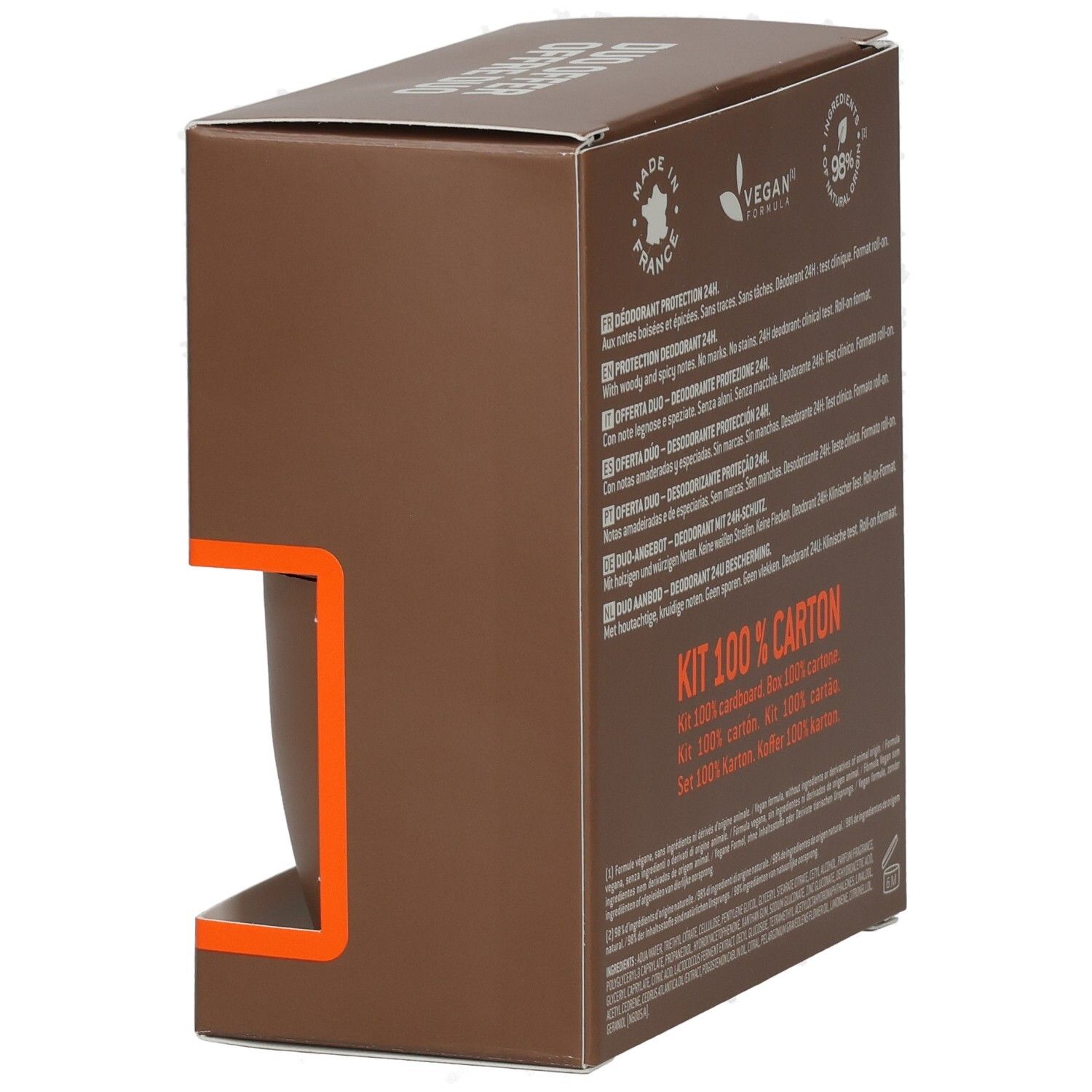 Seitenansicht der braunen Verpackung. Text und Logos. Vegan-Logo. 98% natürliche Inhaltsstoffe.