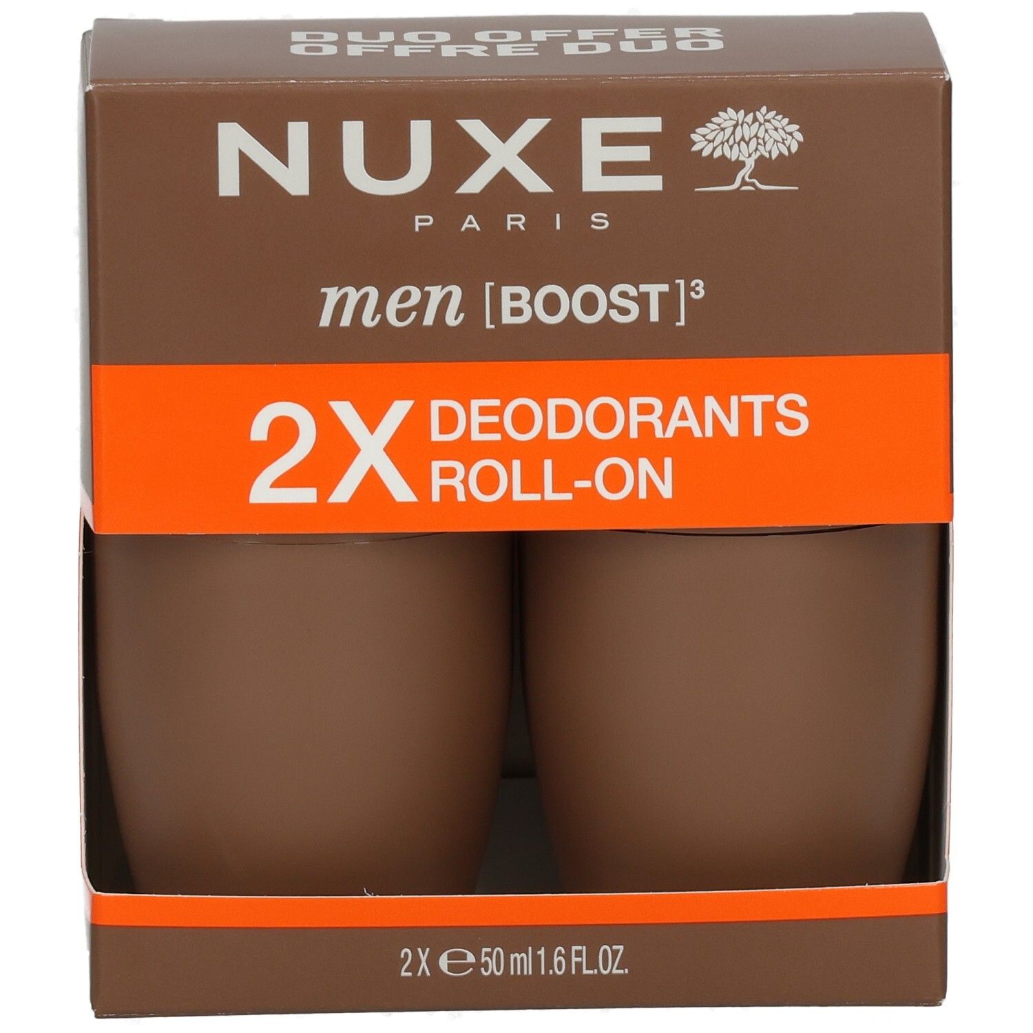 Braune Verpackung mit zwei Roll-On-Deodorants. Orangefarbener Streifen mit Text. NUXE-Logo oben.