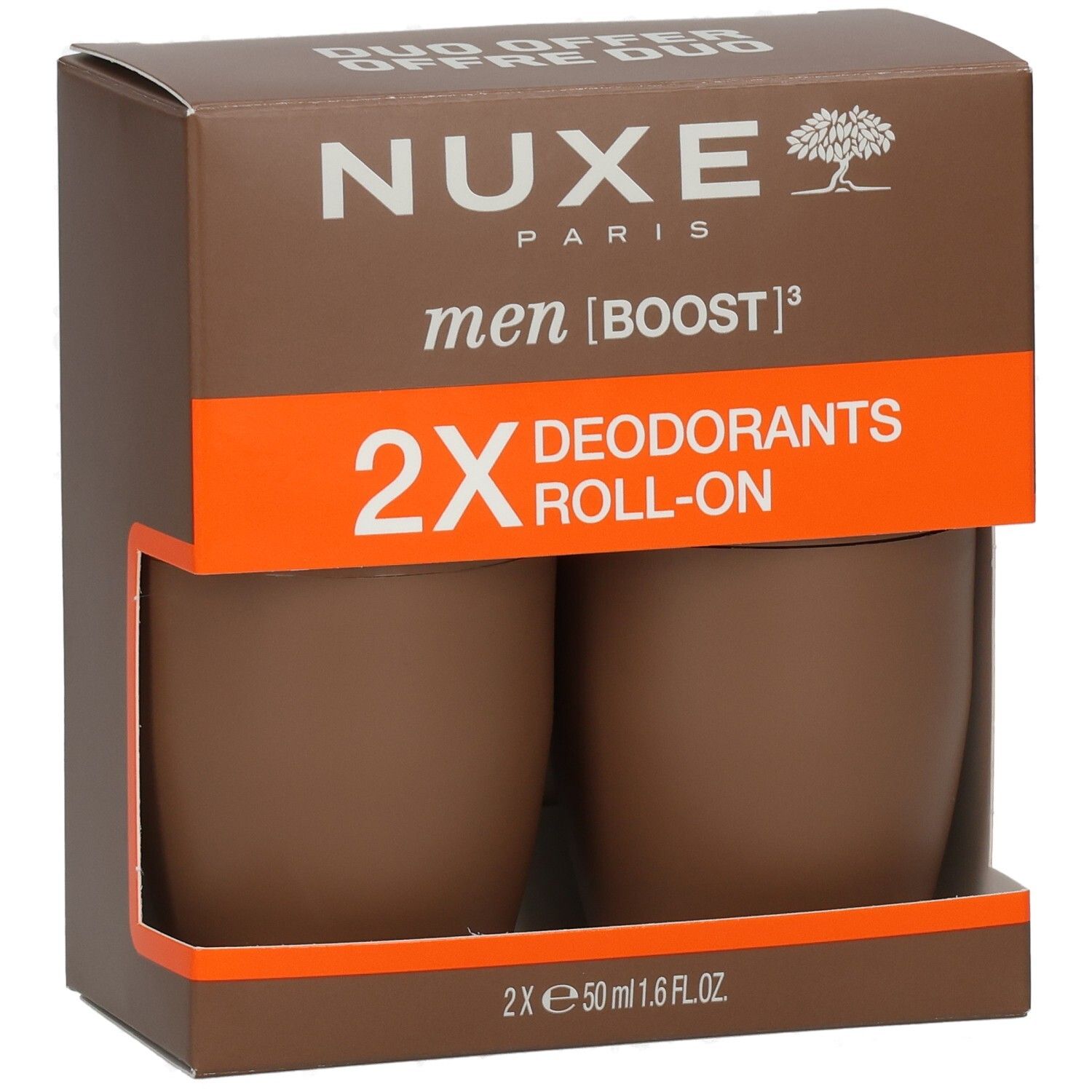 Braune Verpackung mit zwei Roll-On-Deodorants. Orangefarbener Streifen mit Text. NUXE-Logo oben.