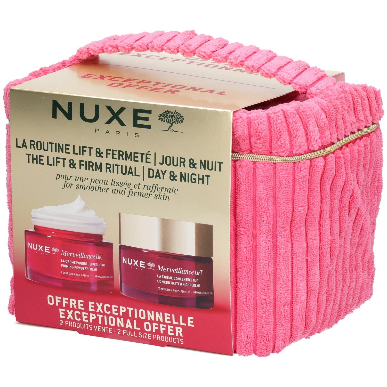 Geschenkset mit rosa Stofftasche und Karton. Enthält zwei Cremes. Aufschrift: NUXE Paris, Merveillance Lift.