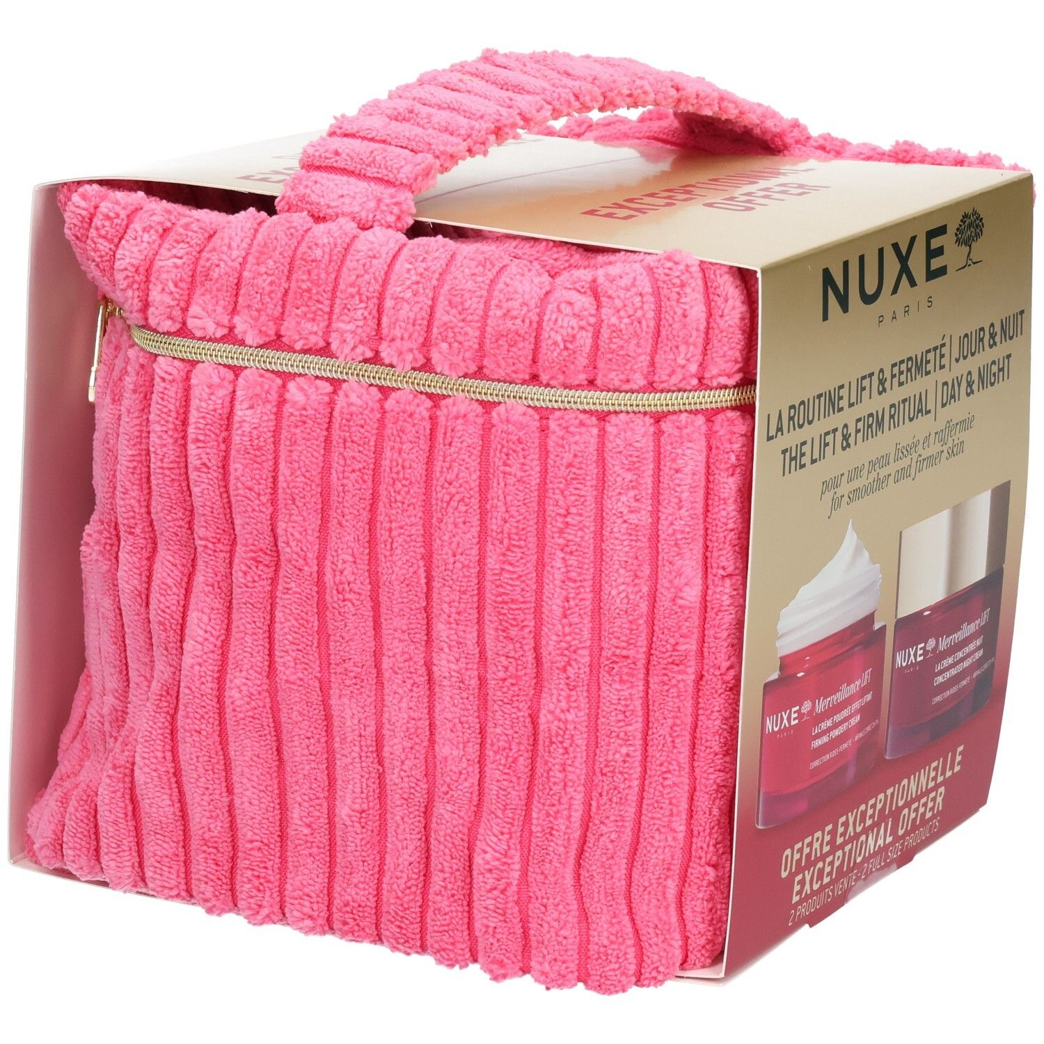 Rosa Stofftasche mit Karton. Aufschrift: NUXE Paris, Merveillance Lift. Enthält zwei Cremes. Reißverschluss und Tragegriff.