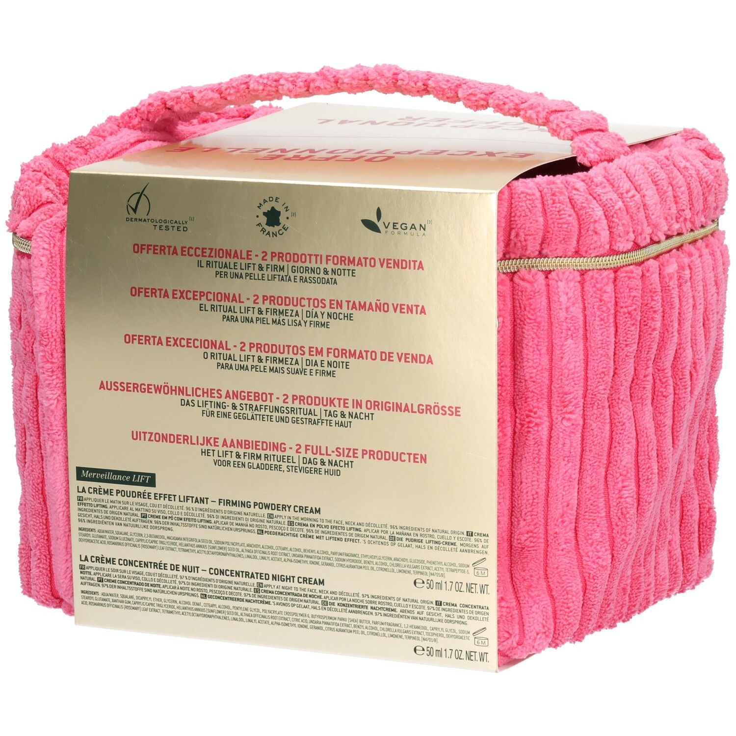 Rückseite des Geschenksets. Rosa Stofftasche mit Karton. Text in mehreren Sprachen. Vegan-Siegel.