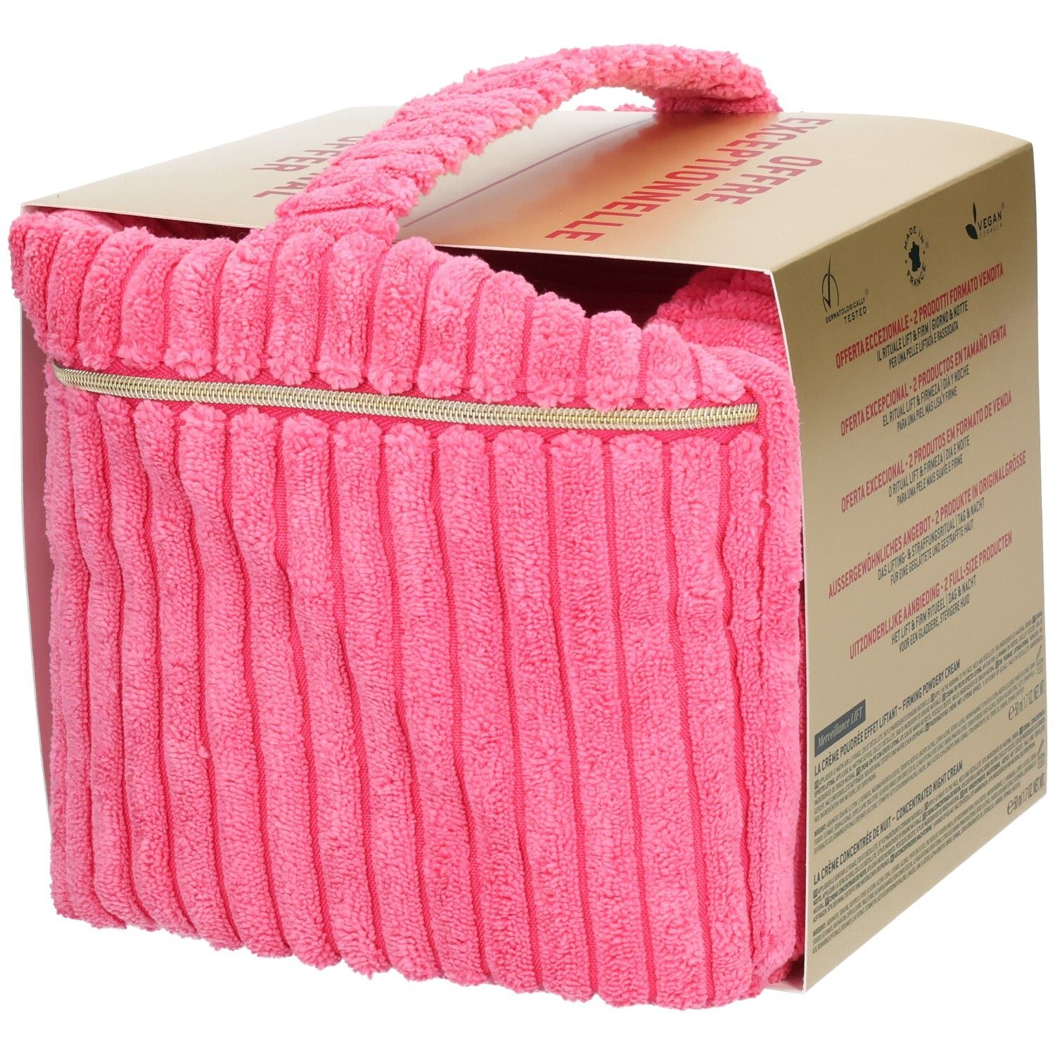 Geschenkset mit rosa Stofftasche und Karton. Reißverschluss und Tragegriff. Aufschrift: NUXE Paris.