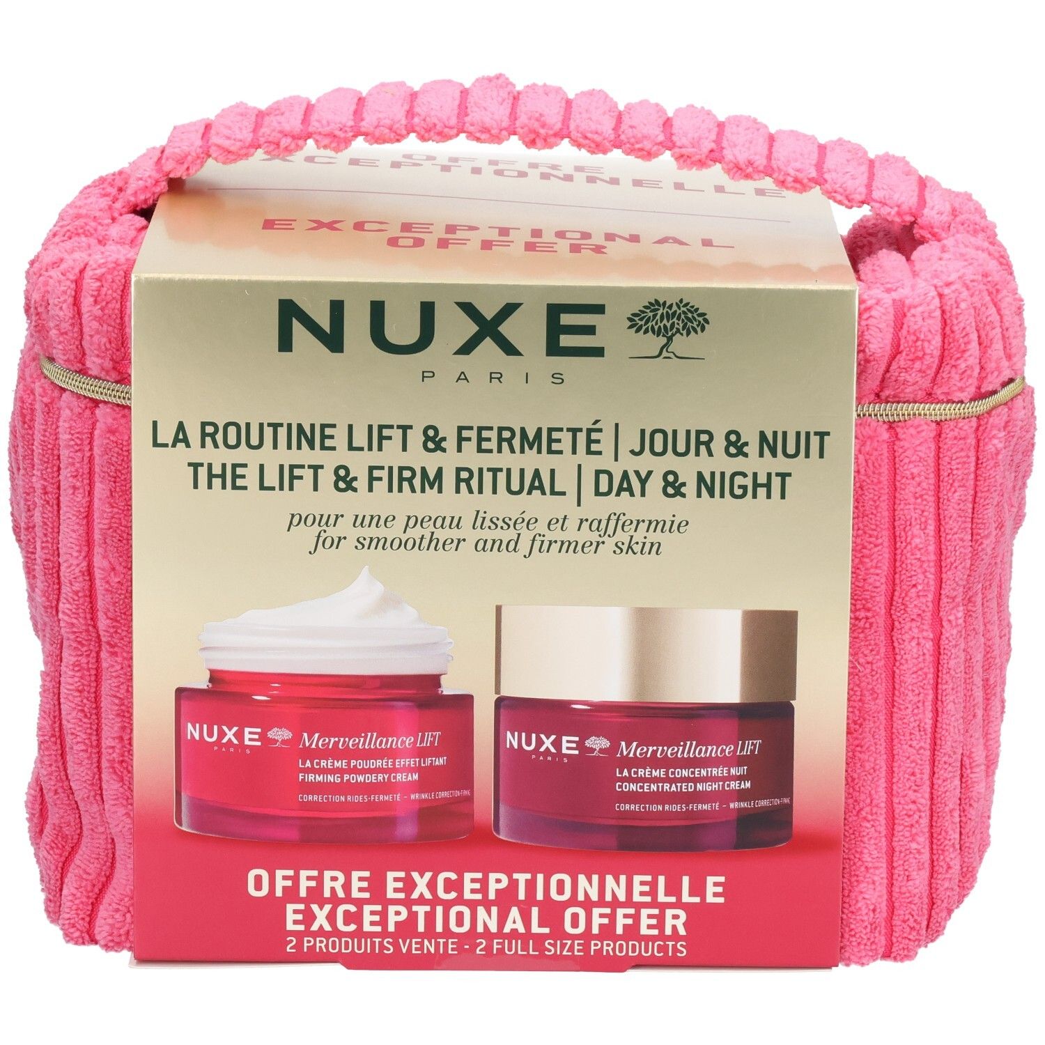Geschenkset mit rosa Stofftasche und Karton. Enthält zwei Cremes. Aufschrift: NUXE Paris, Merveillance Lift.