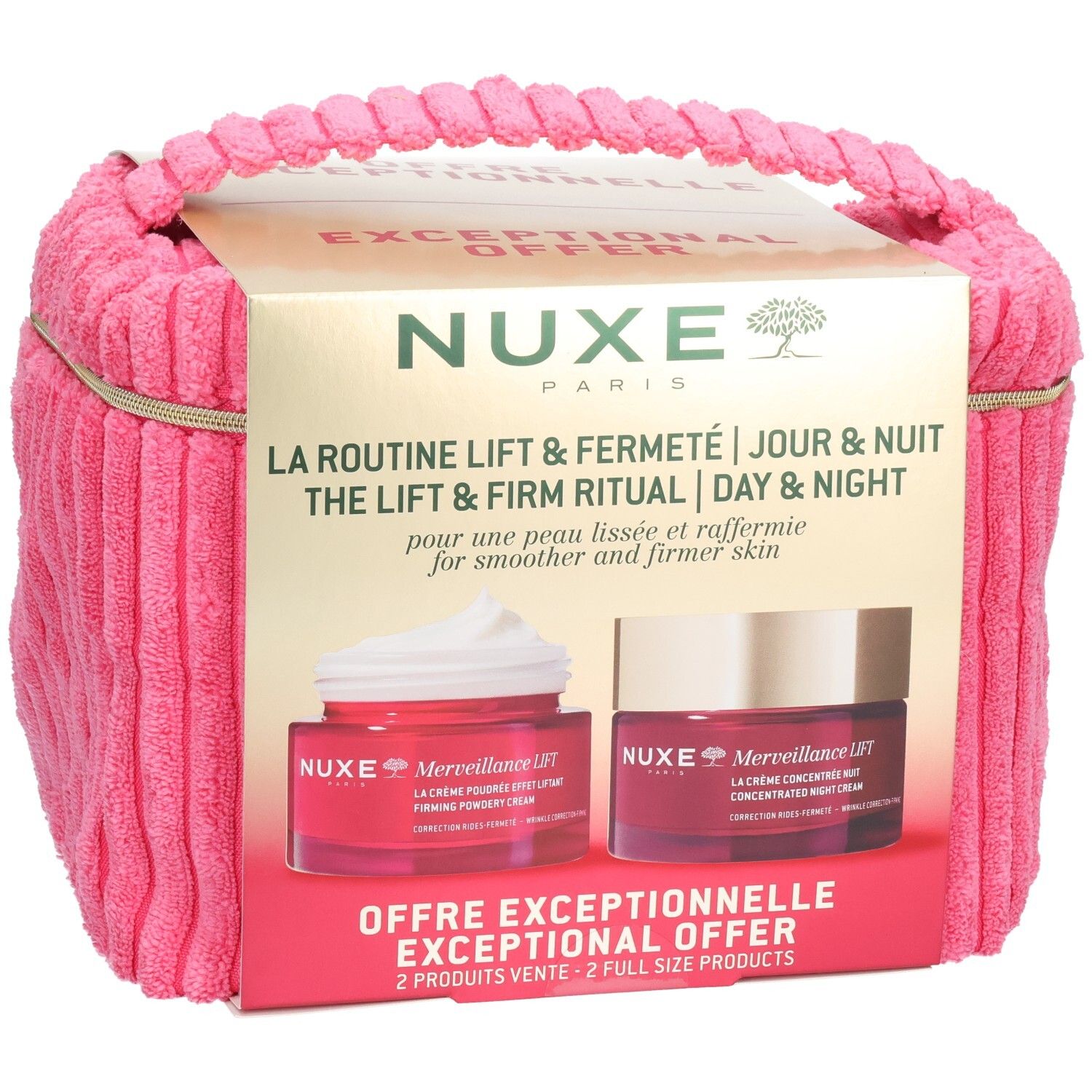 Geschenkset mit rosa Stofftasche und Karton. Enthält zwei Cremes. Aufschrift: NUXE Paris, Merveillance Lift.