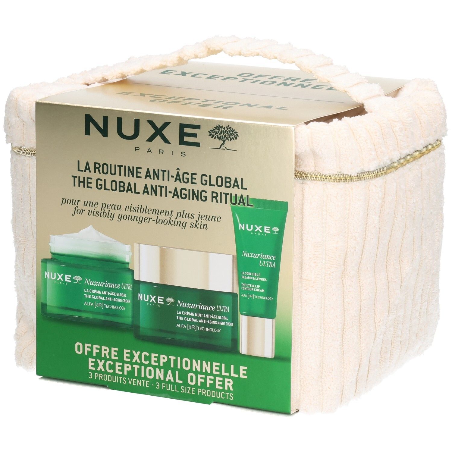 Coffret cadeau NUXE avec trois produits. Emballage vert et doré, sac en tissu crème. Texte: NUXE, Rituel anti-âge global.