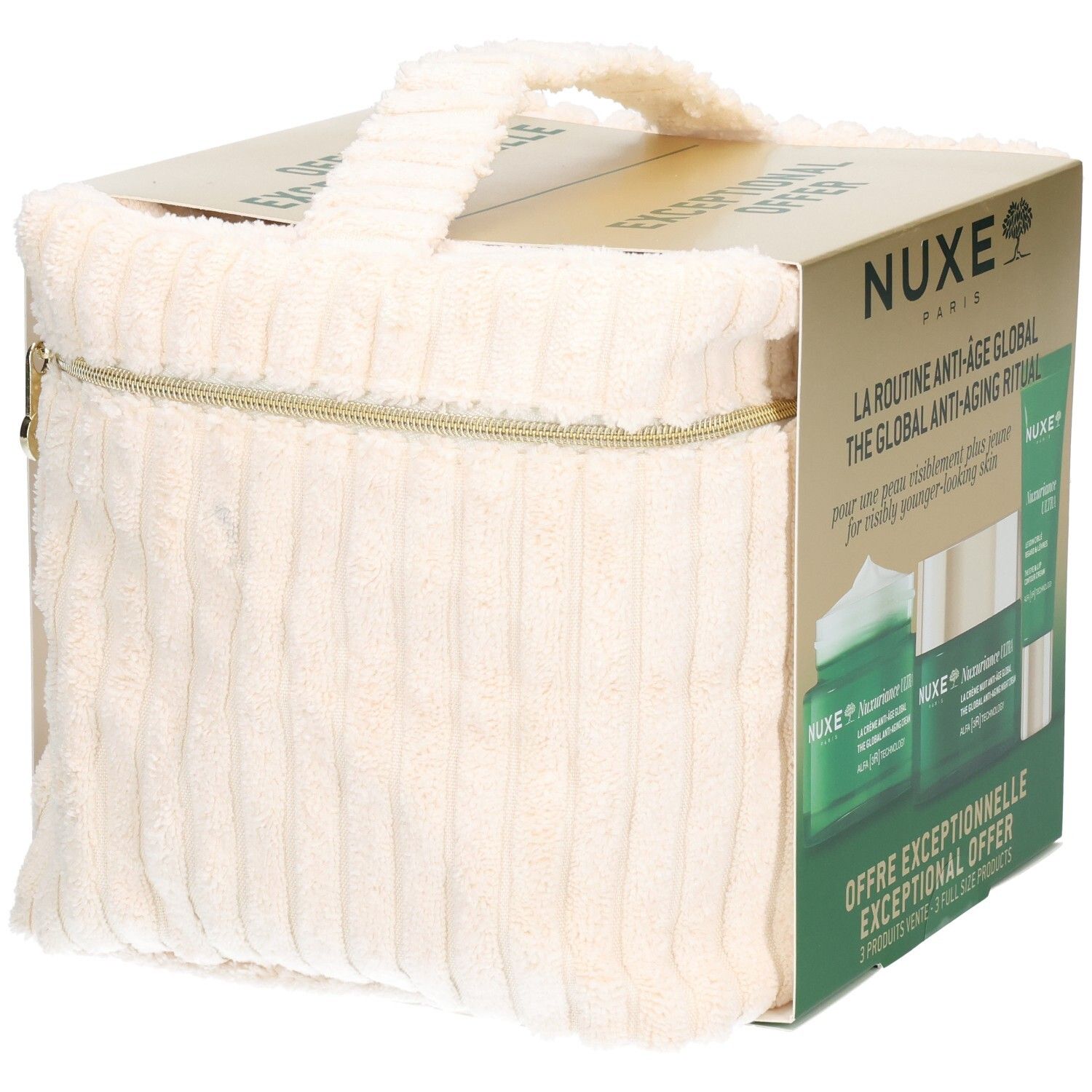 Coffret cadeau NUXE dans un sac en tissu crème. Fermeture éclair dorée. Texte: NUXE, Rituel anti-âge global, Offre Exceptionnelle.