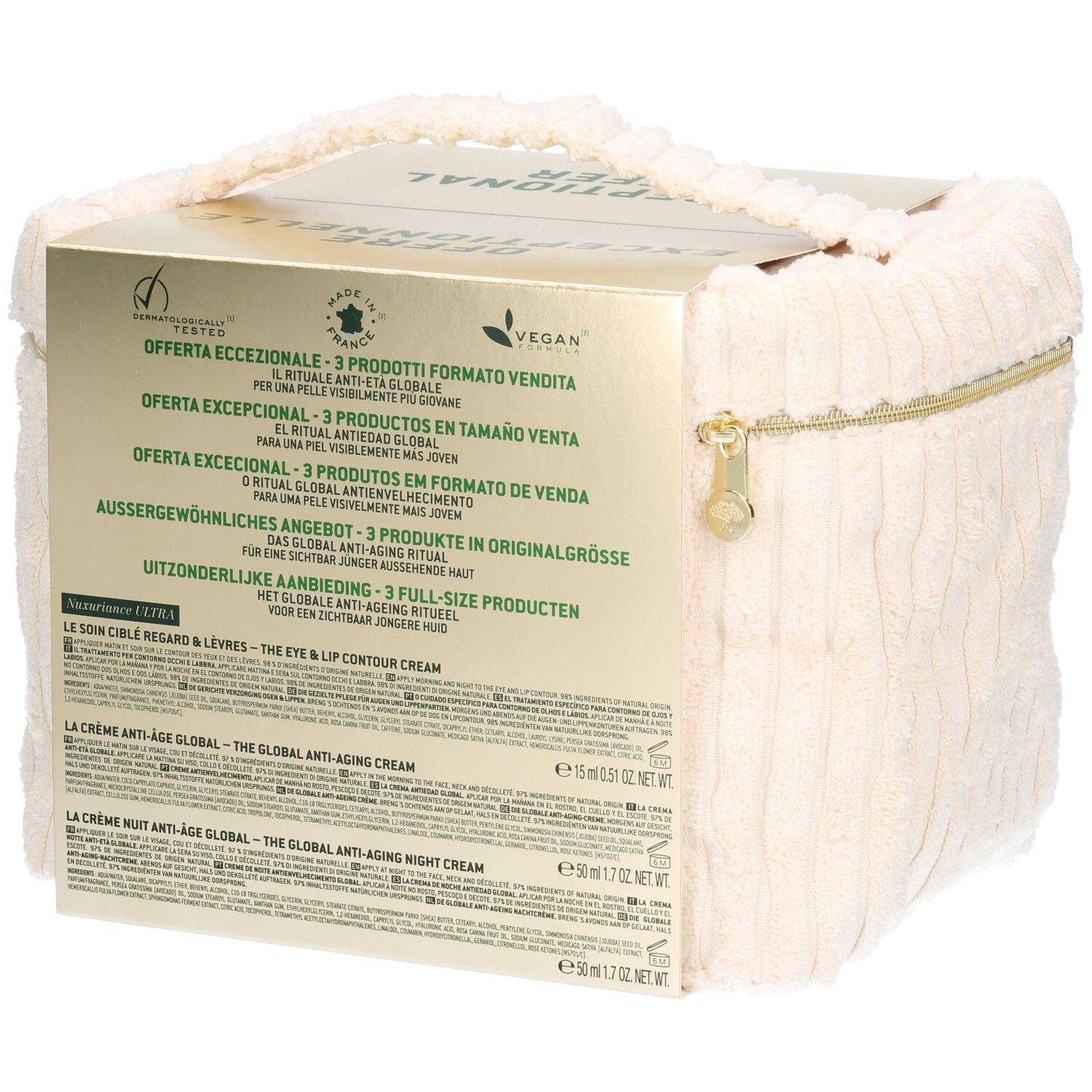 Dos du coffret cadeau NUXE. Texte: NUXE, Rituel anti-âge global, 3 produits, vegan, Fabriqué en France. Ingrédients.