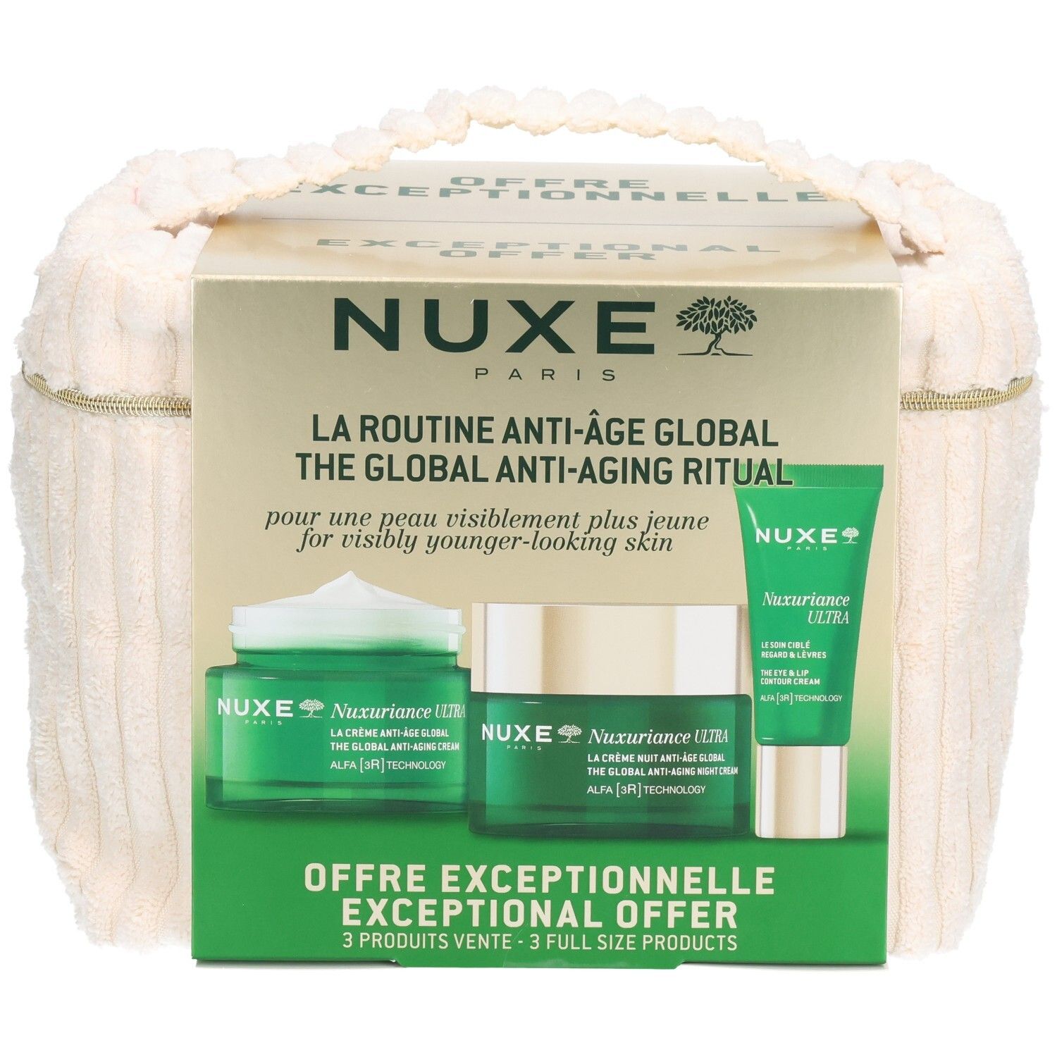 Coffret cadeau NUXE avec trois produits. Emballage vert et doré, sac en tissu crème. Texte: NUXE, Rituel anti-âge global.
