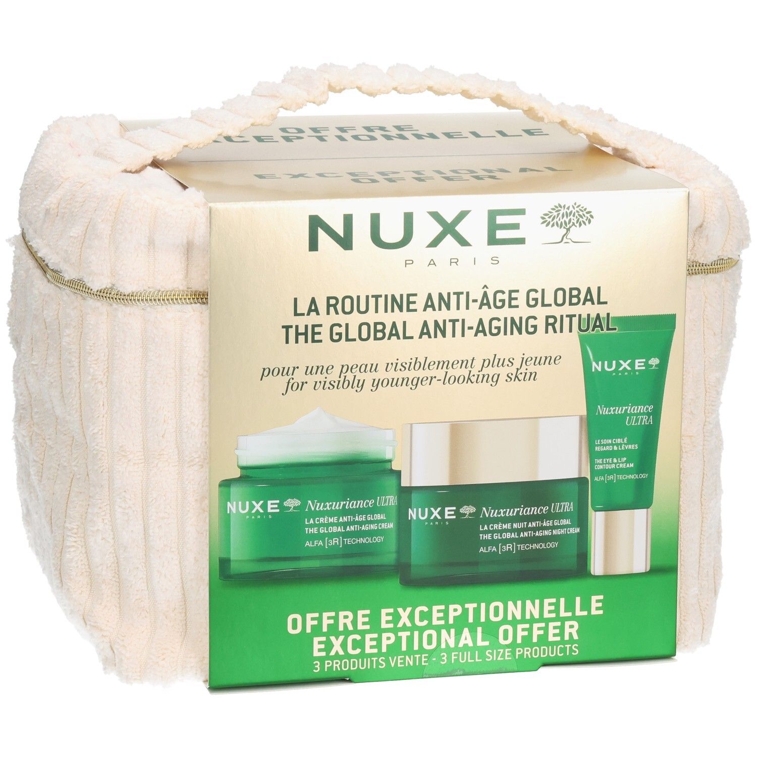 Coffret cadeau NUXE avec trois produits. Emballage vert et doré, sac en tissu crème. Texte: NUXE, Rituel anti-âge global.