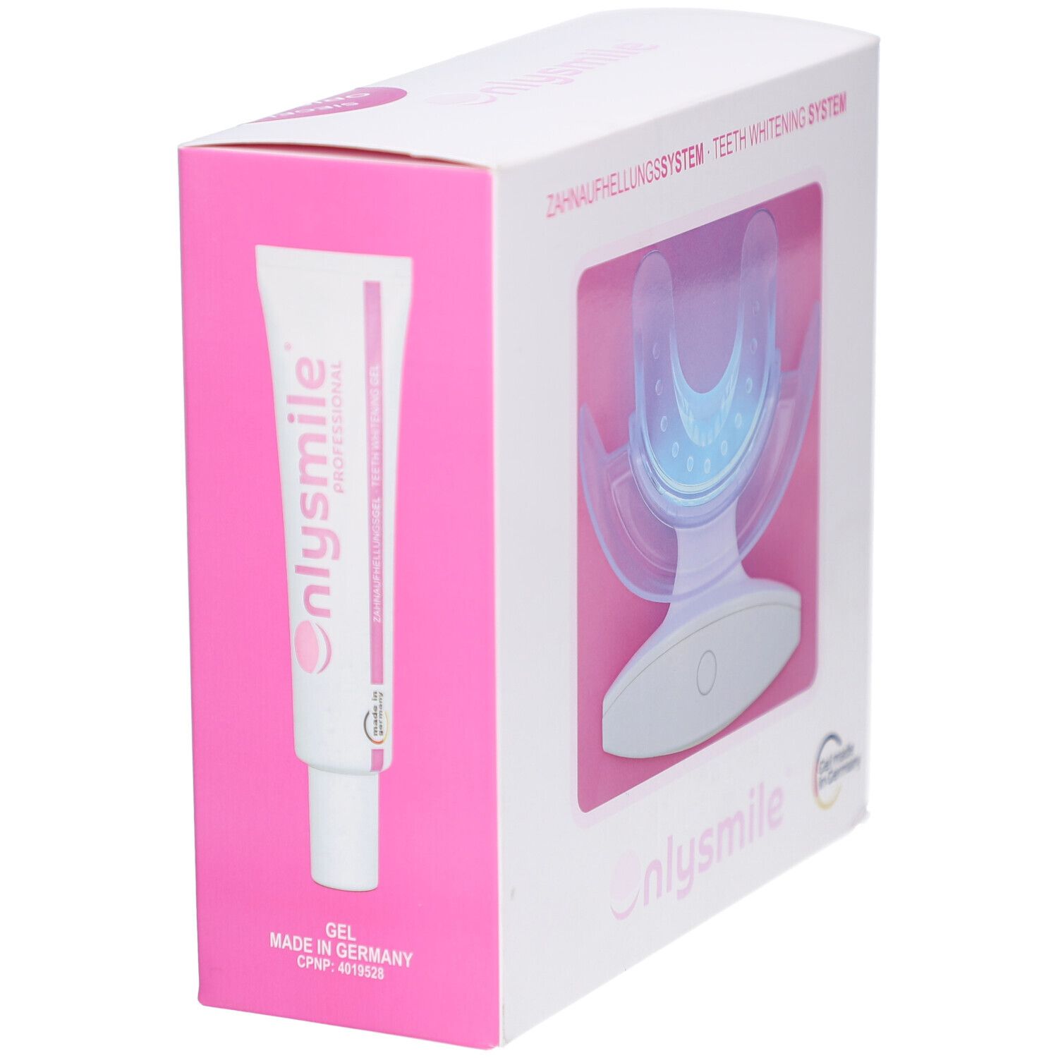 Boîte avec système de blanchiment des dents et tube de gel. Logo Onlysmile et tube de gel. Fabriqué en Allemagne.