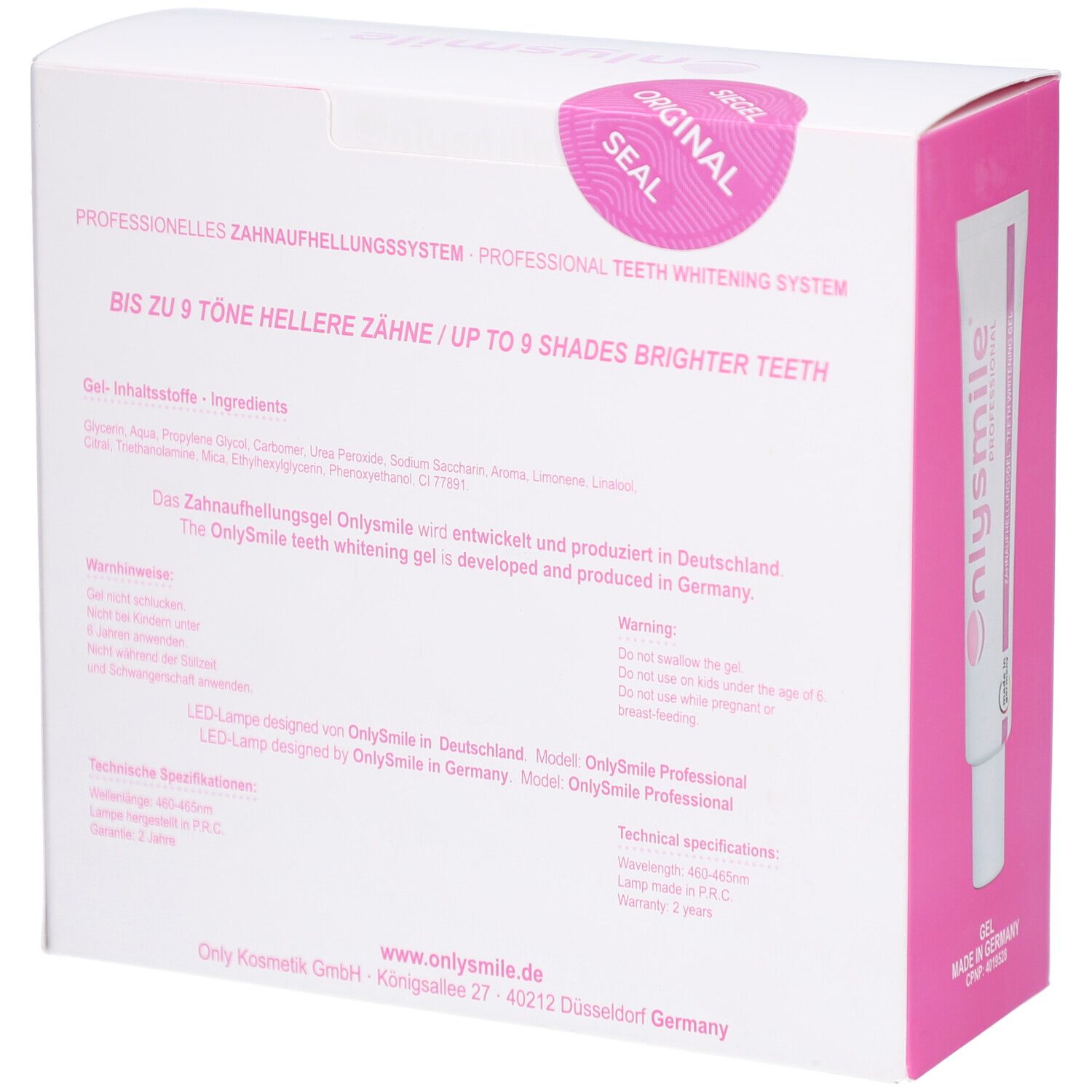 Dos de la boîte. Texte : Système de blanchiment des dents professionnel. Sceau original. Ingrédients du gel et avertissements.