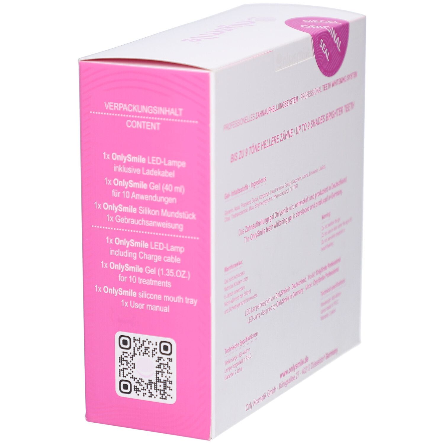 Côté de la boîte avec contenu : lampe LED, gel, embout buccal, câble de charge, manuel d'utilisation. Code QR.