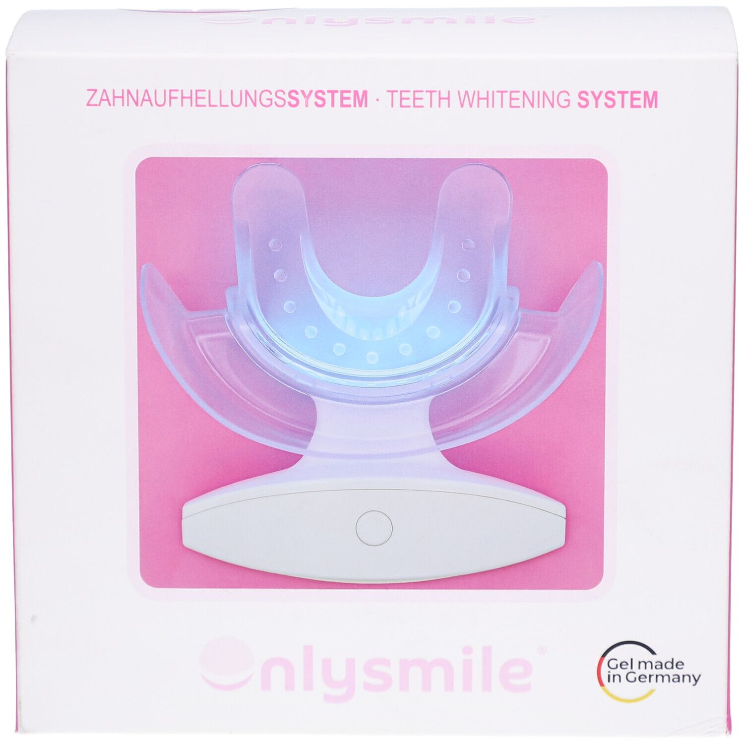 Boîte de blanchiment des dents. Contient une lampe LED et un embout buccal. Logo Onlysmile en bas. Gel fabriqué en Allemagne.