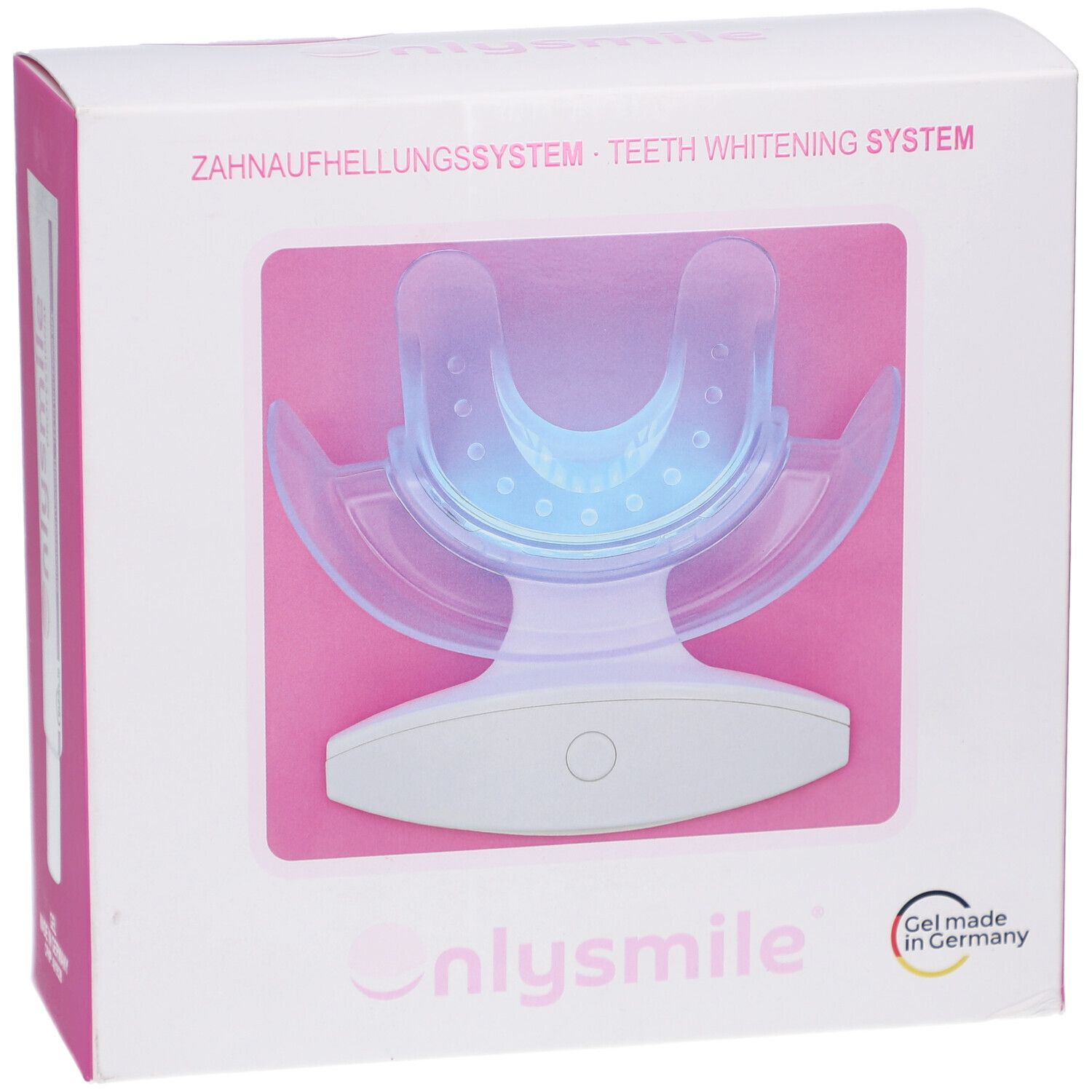 Boîte de blanchiment des dents. Contient une lampe LED et un embout buccal. Logo Onlysmile en bas. Gel fabriqué en Allemagne.