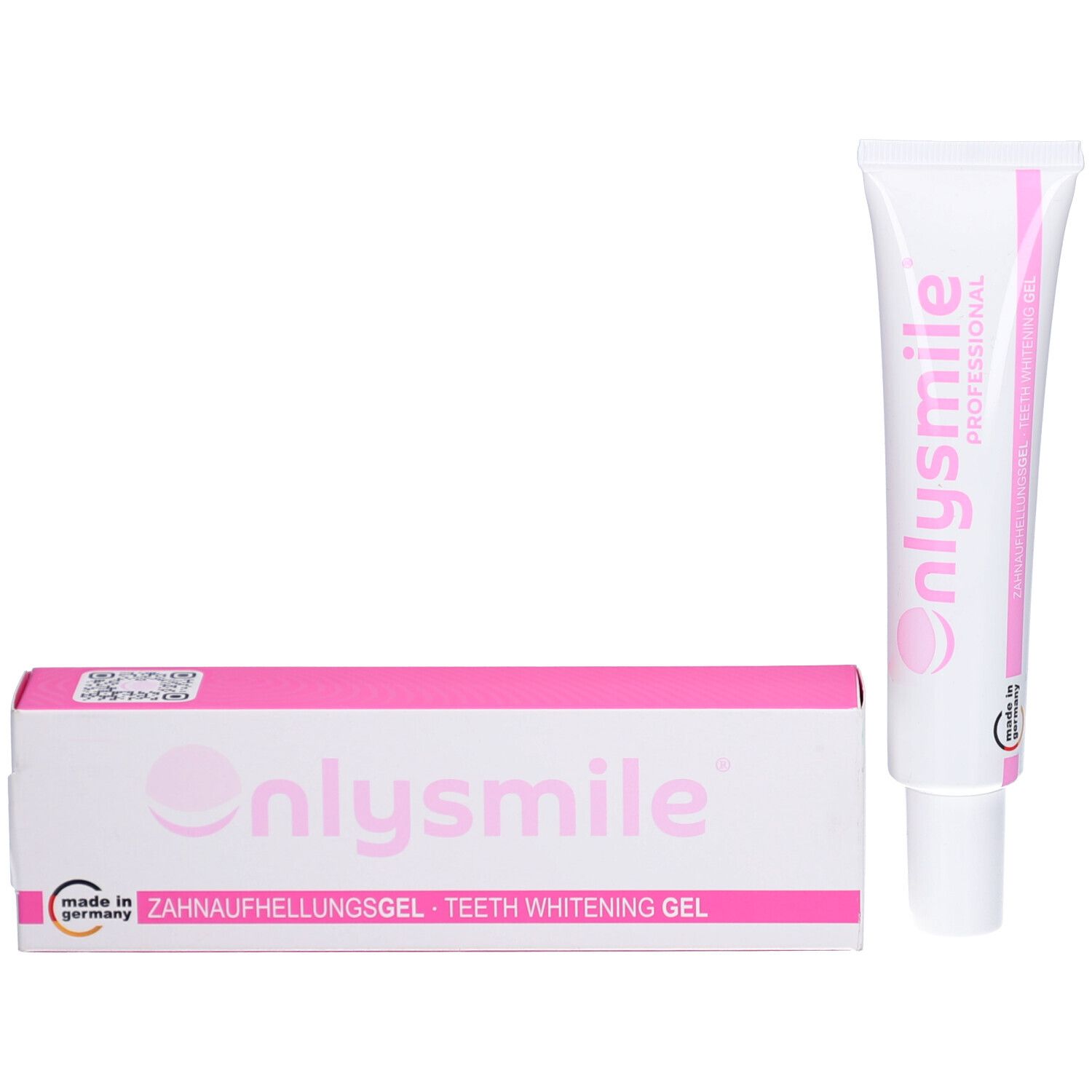 Produktverpackung und Tube. Rosa-weiße Schachtel mit onlysmile. Zahnaufhellungsgel. Made in Germany.