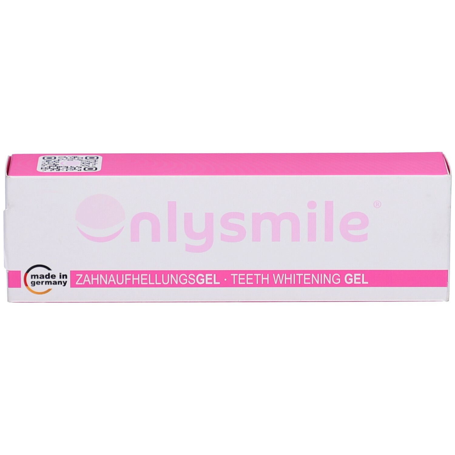 Rosa-weiße Schachtel mit onlysmile. Zahnaufhellungsgel. QR-Code und Made in Germany.