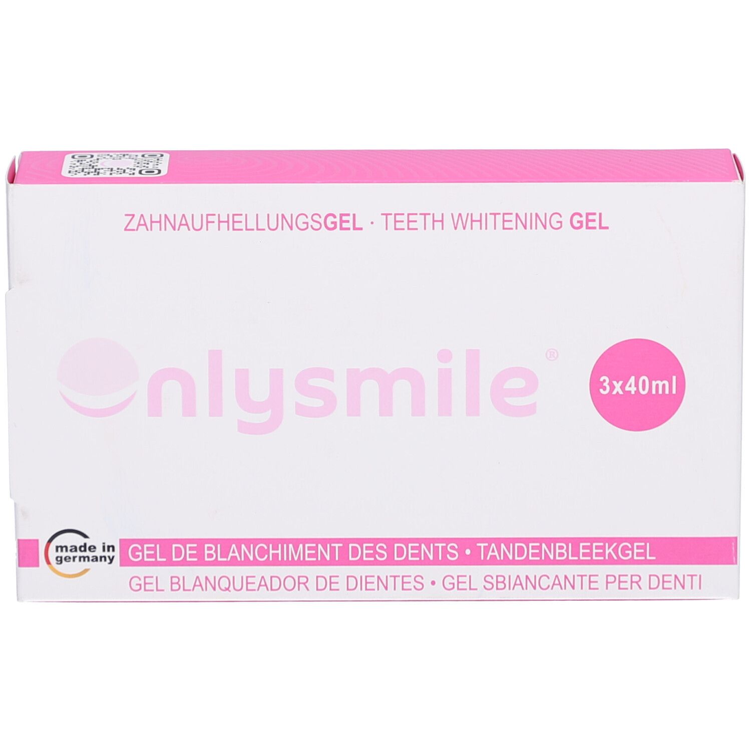 Emballage blanc et rose. Inscription: ONLYSMILE Gel blanchissant pour les dents. Contient 3x40ml. Marque de qualité allemande.