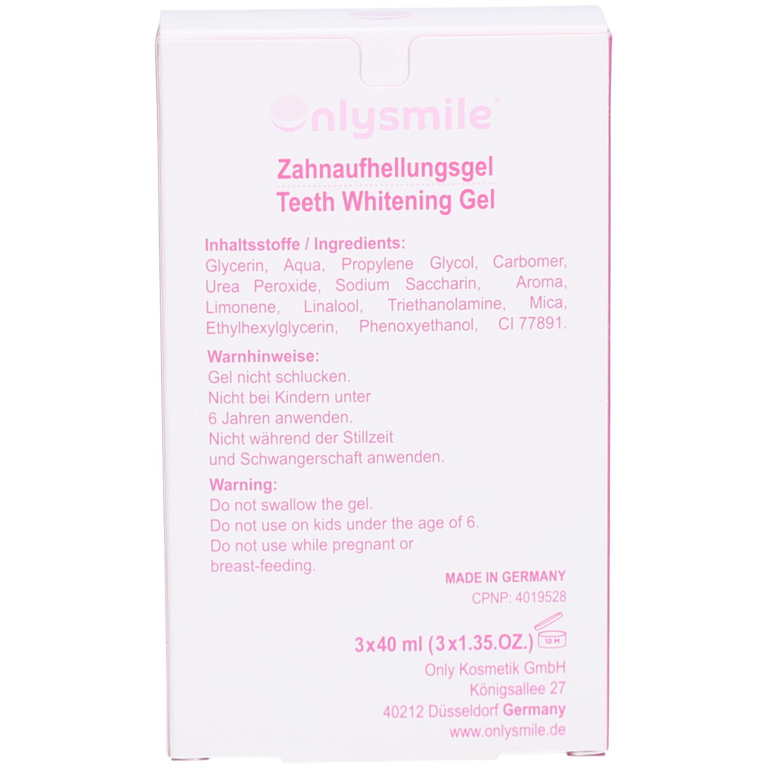 Dos de l'emballage. Inscription: ONLYSMILE Gel blanchissant pour les dents. Ingrédients et avertissements. 3x40 ml.
