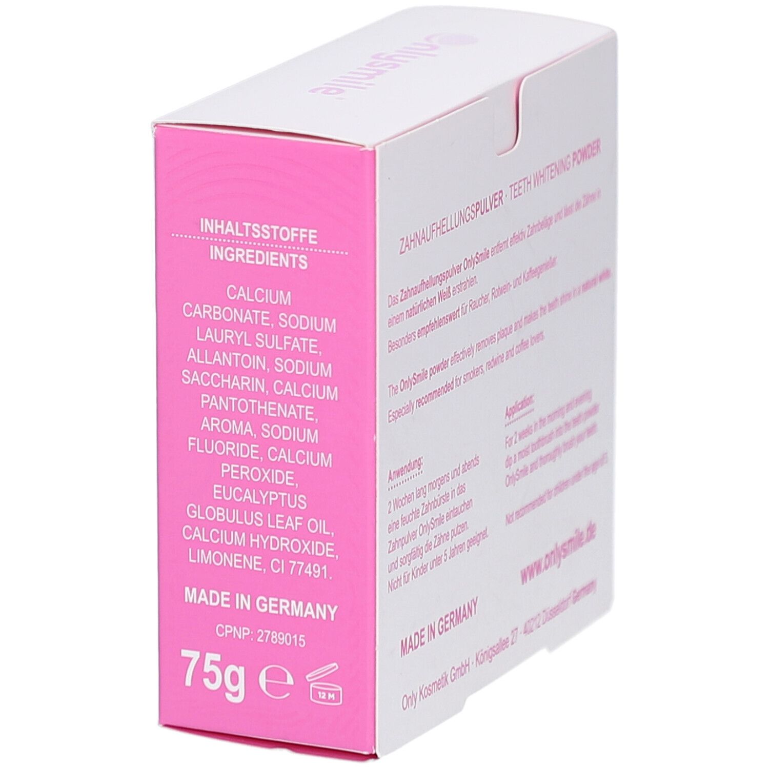 Kartonverpackung, weiß und rosa. Inhaltsstoffe und Text: Zahnaufhellungspulver. Aufschrift: 75g e.