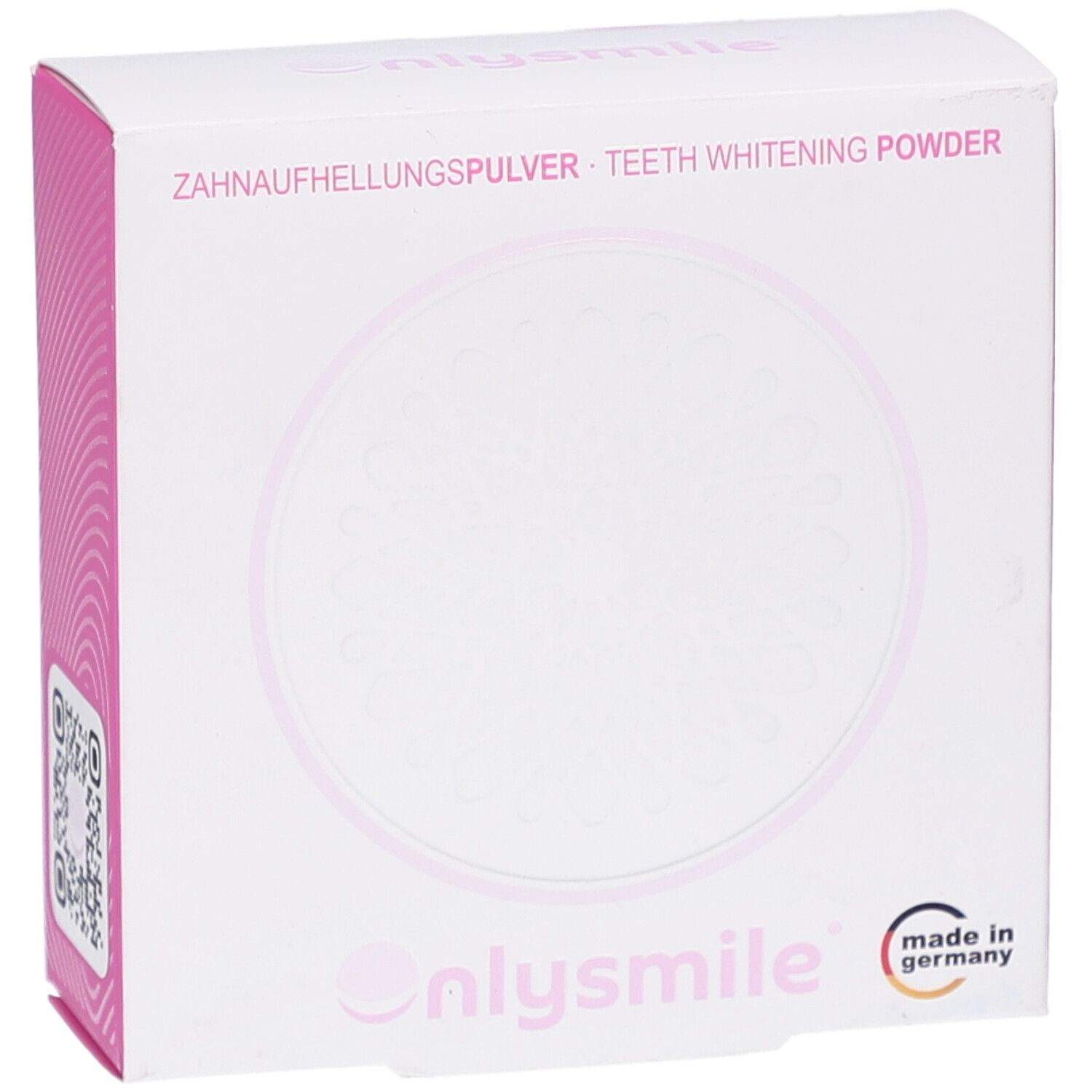 Weiße Kartonverpackung mit rosa Akzenten. Aufschrift: Zahnaufhellungspulver. Marke: onlysmile. Logo.
