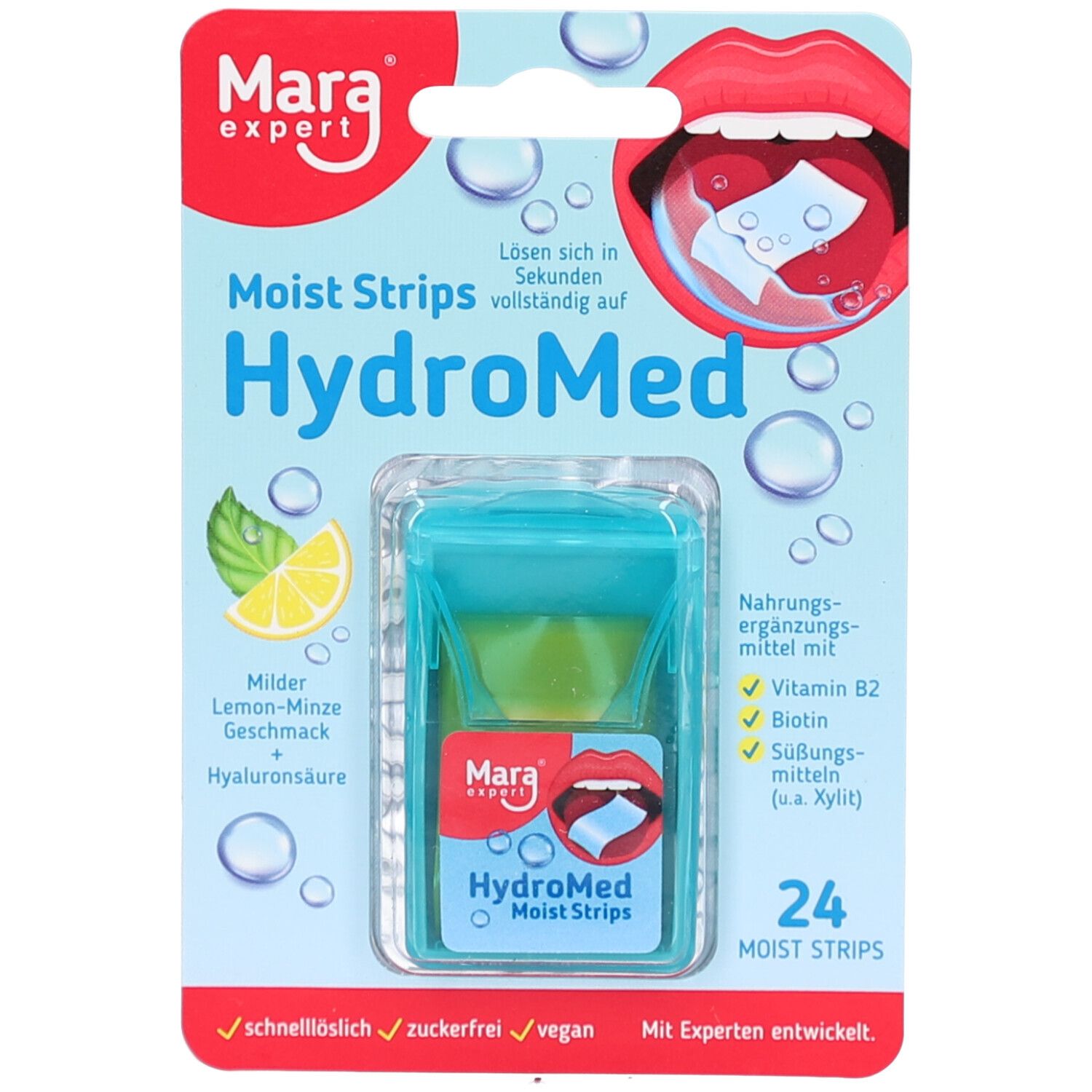 Blisterpackung mit HydroMed Moist Strips. Türkis-blaue Verpackung mit Produktabbildung und Text. Enthält 24 Streifen.