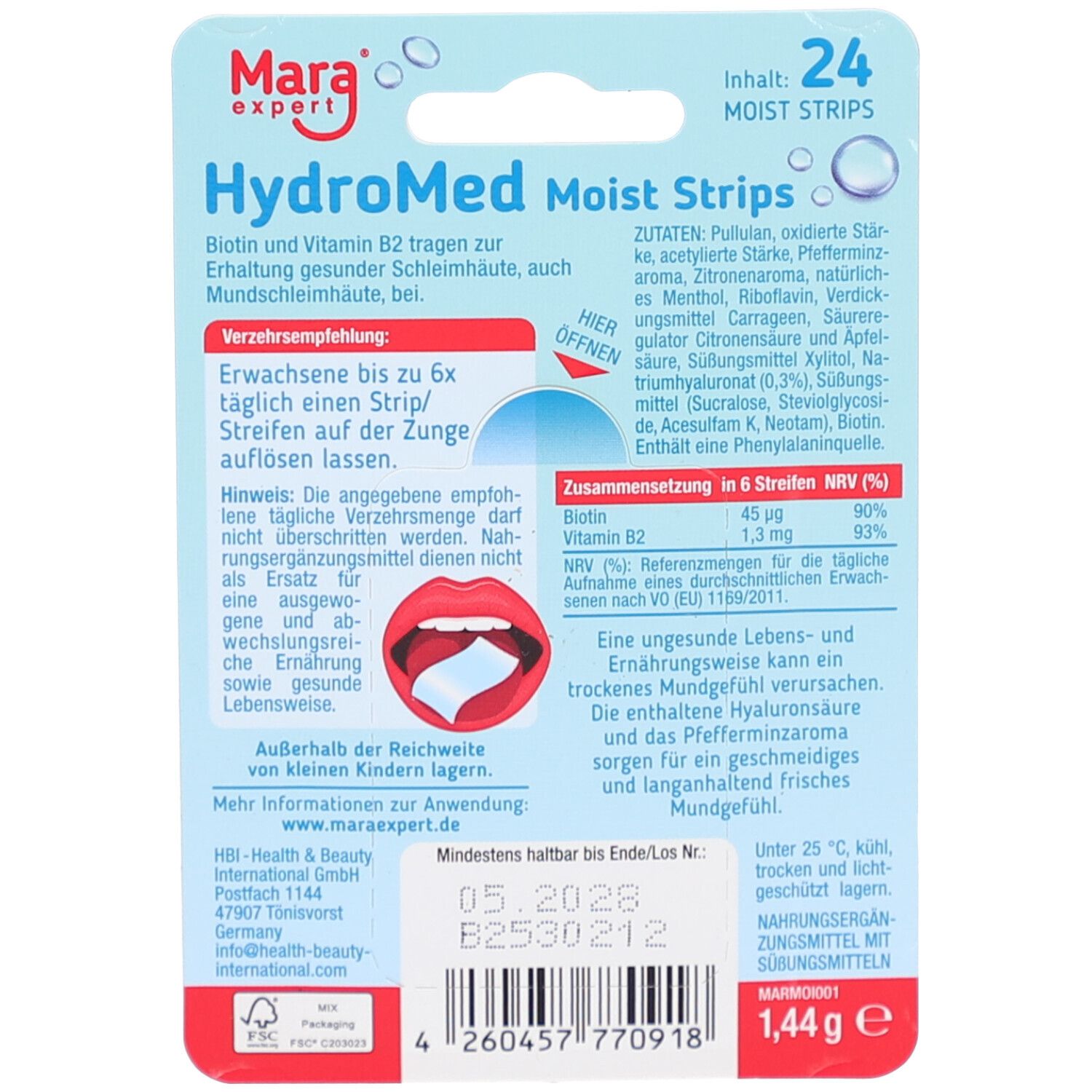 Rückseite der HydroMed Moist Strips Verpackung. Enthält Textinformationen, Inhaltsstoffe und Verzehrempfehlung. Mit Haltbarkeitsdatum.