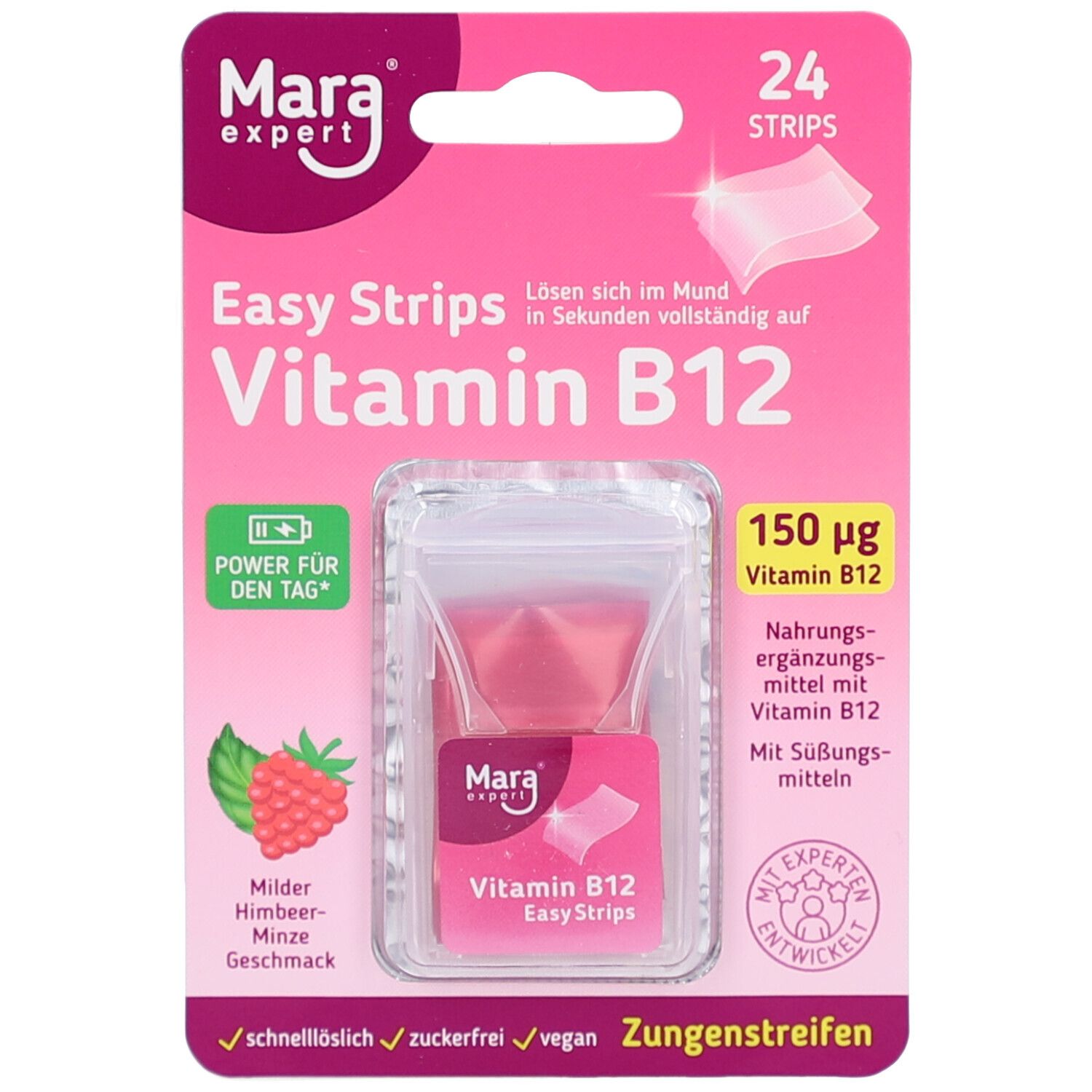Emballage rose avec 24 bandelettes de vitamine B12. Goût framboise-menthe. Végétalien, sans sucre. Marque Mara expert.