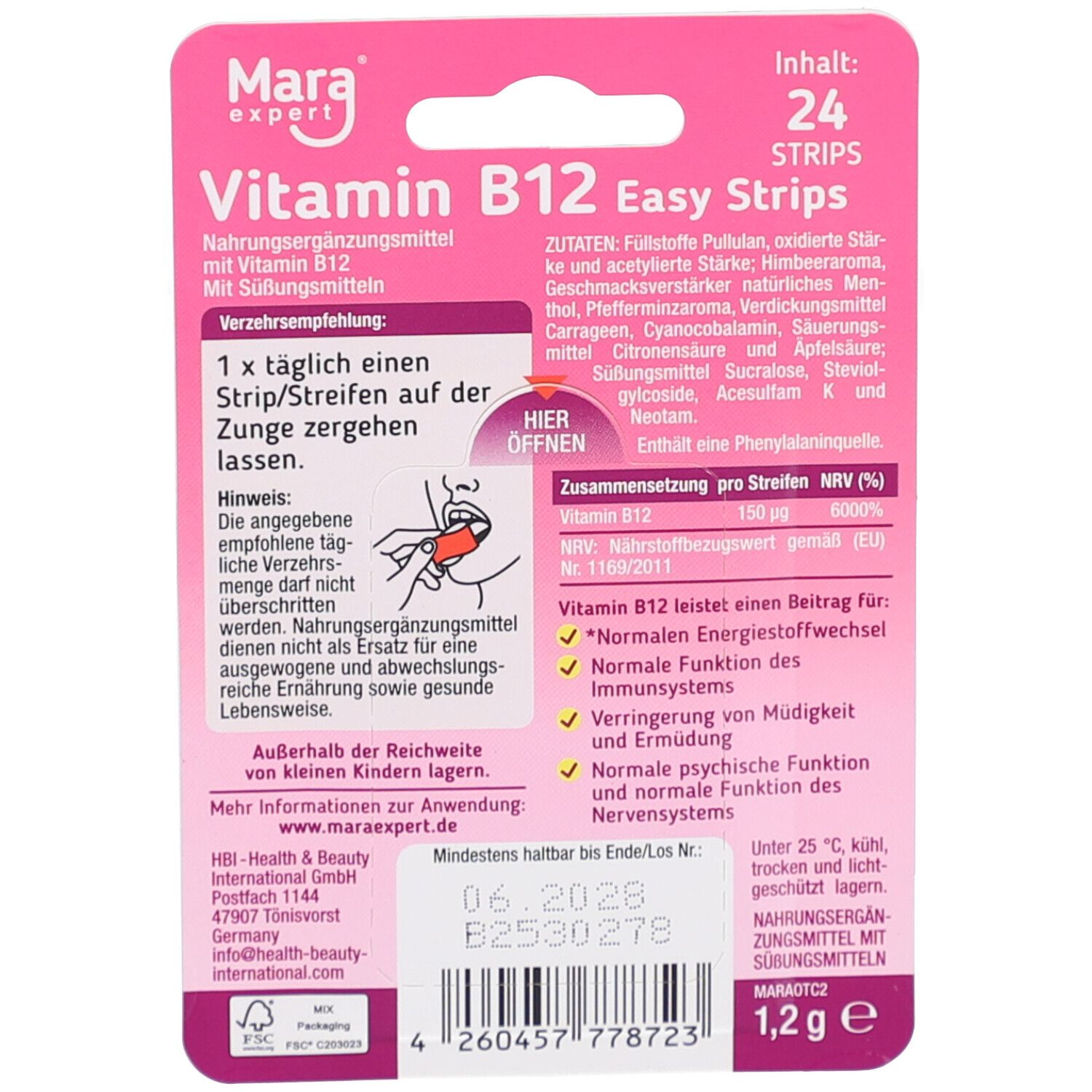 Dos de l'emballage avec informations sur les bandelettes de vitamine B12. Contient ingrédients, recommandations et informations nutritionnelles.