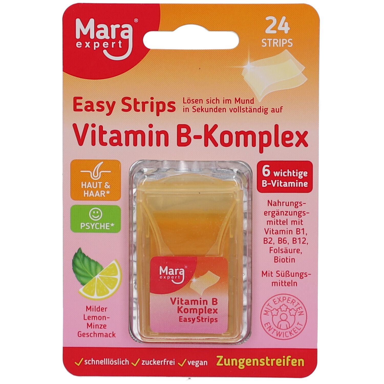 Emballage de 24 bandelettes de vitamine B-complexe. Blister orange avec bandelettes. Marque : Mara expert. Texte : Easy Strips.