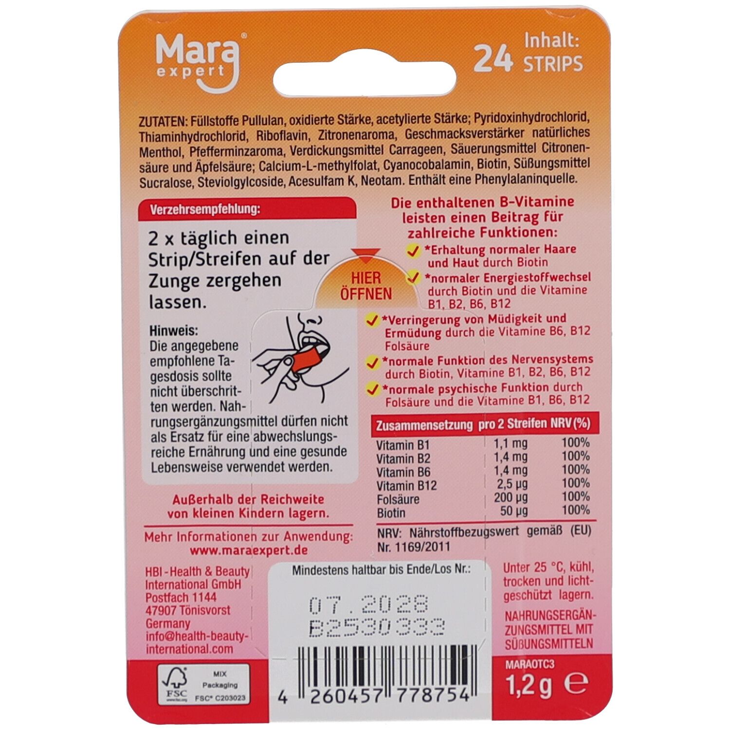 Dos de l'emballage avec ingrédients et recommandations d'utilisation. Texte : 24 bandes. Texte : Complexe de vitamine B. Date de péremption.