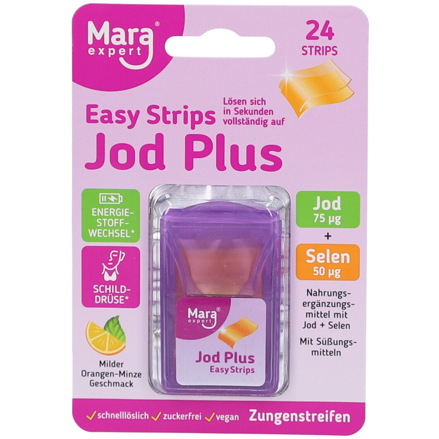 Blisterpackung mit 24 Streifen. Lila Behälter mit Produkt. Text: Mara expert, Jod Plus, Easy Strips. Orange-Minze Geschmack.