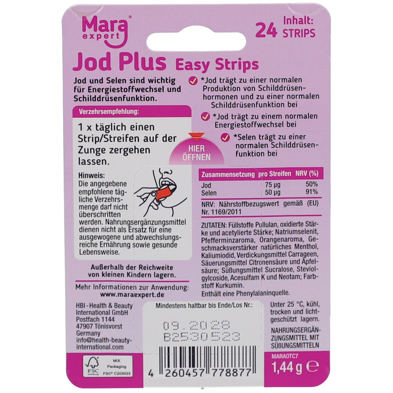 Rückseite der Verpackung. Text: Jod Plus Easy Strips. Informationen zu Inhaltsstoffen, Anwendung und Haltbarkeit. 24 Streifen.