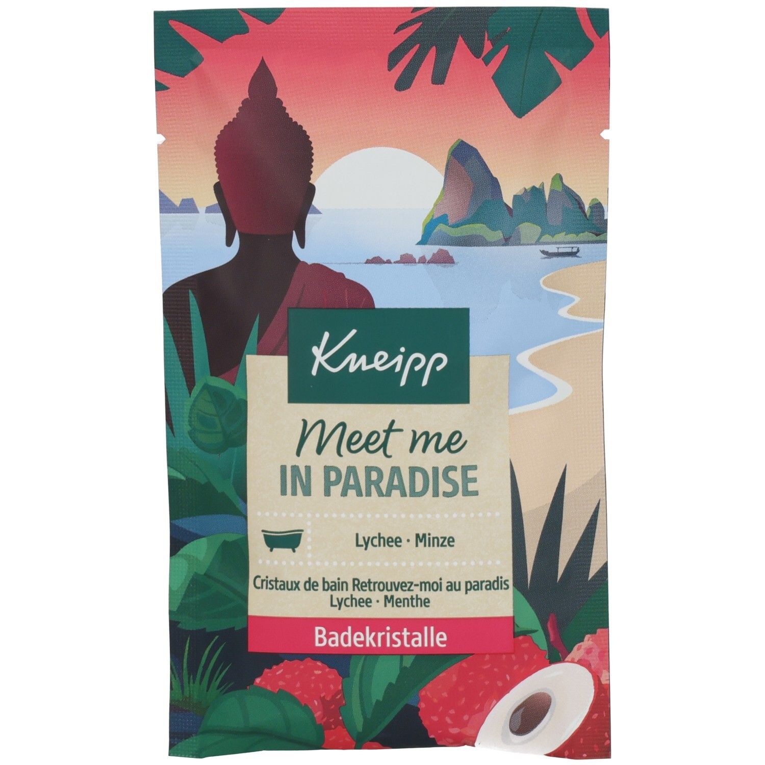 Verpackung mit Landschaftsmotiv und Buddha-Silhouette. Text: Kneipp, Meet me in Paradise, Lychee-Minze, Badekristalle.